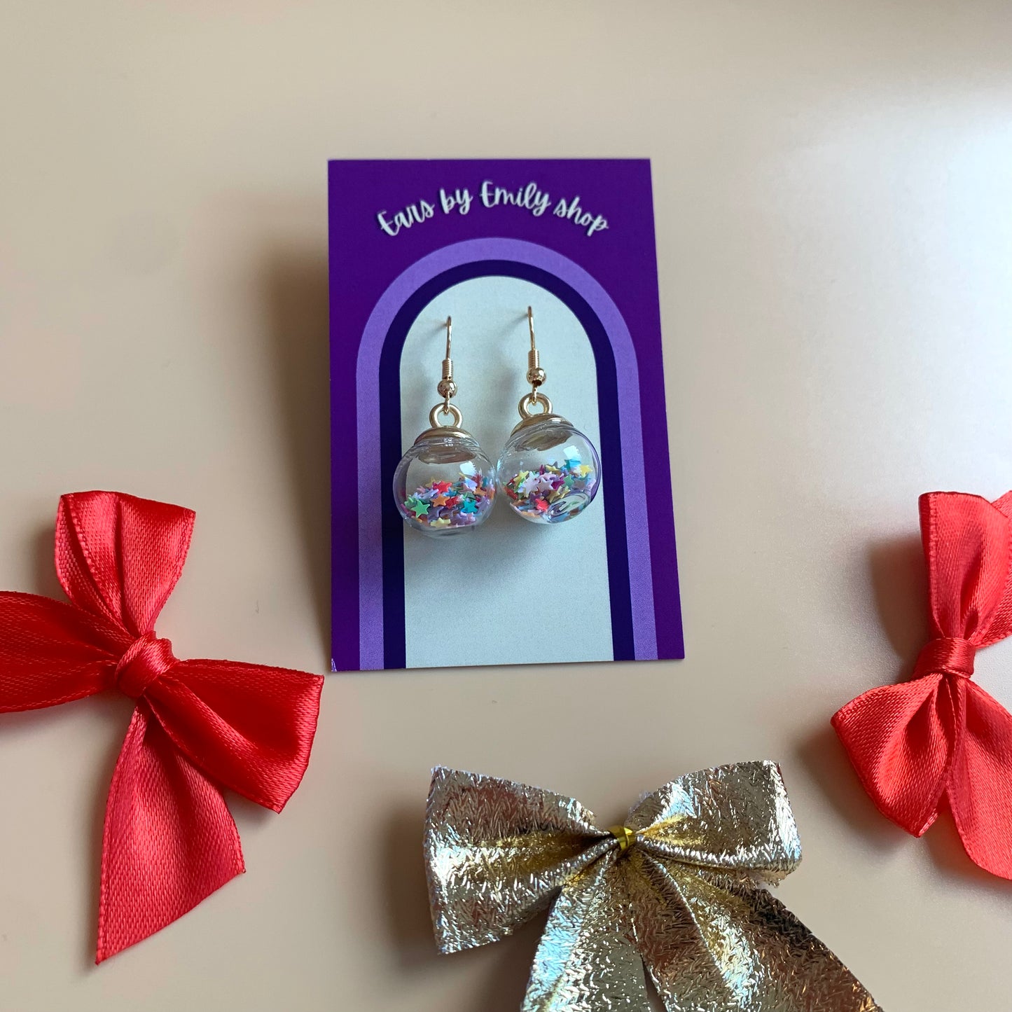 Festive rainbow confetti Christmas bauble gold earrings