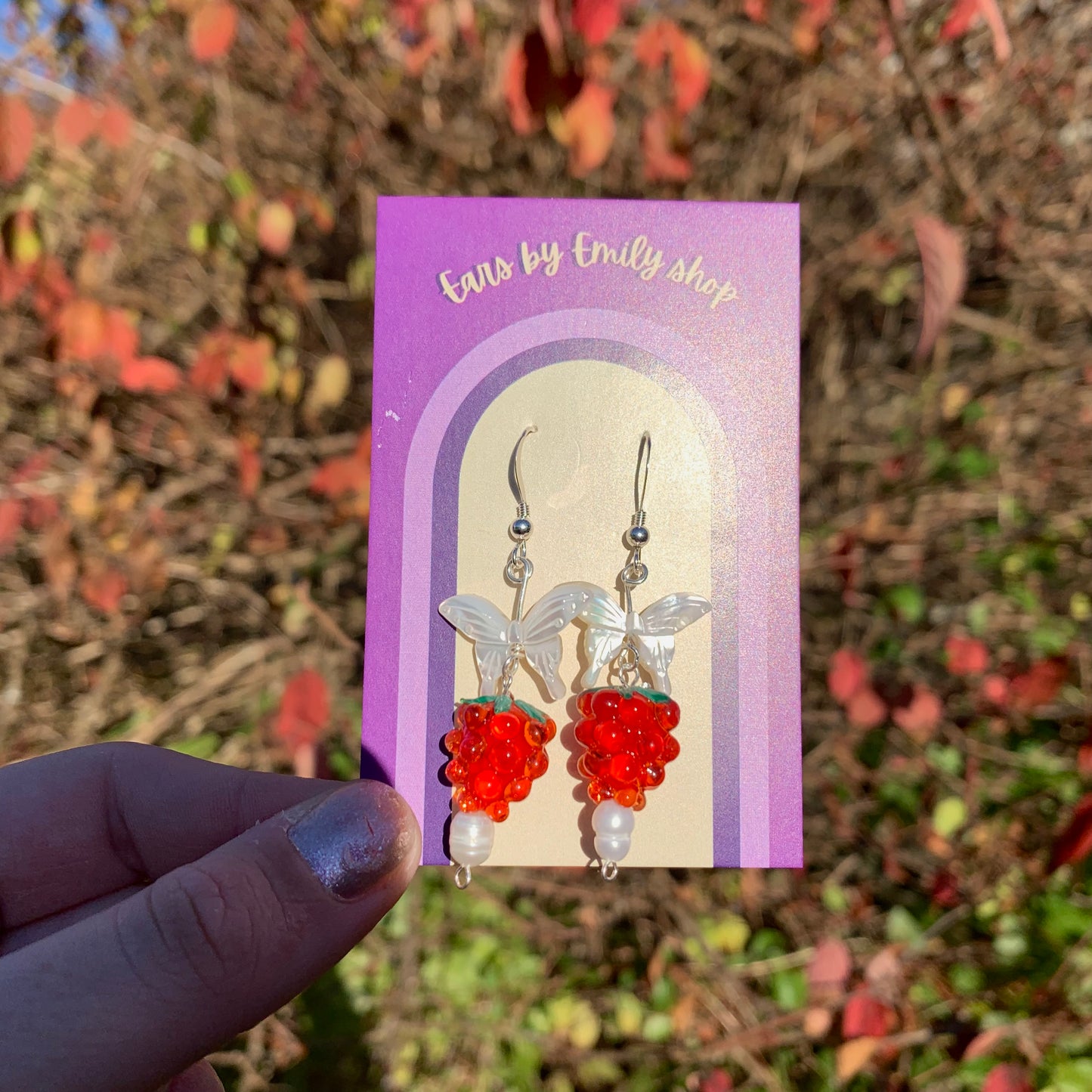 Sterling silver or gold filled mother of pearl butterfly and glass raspberry earrings