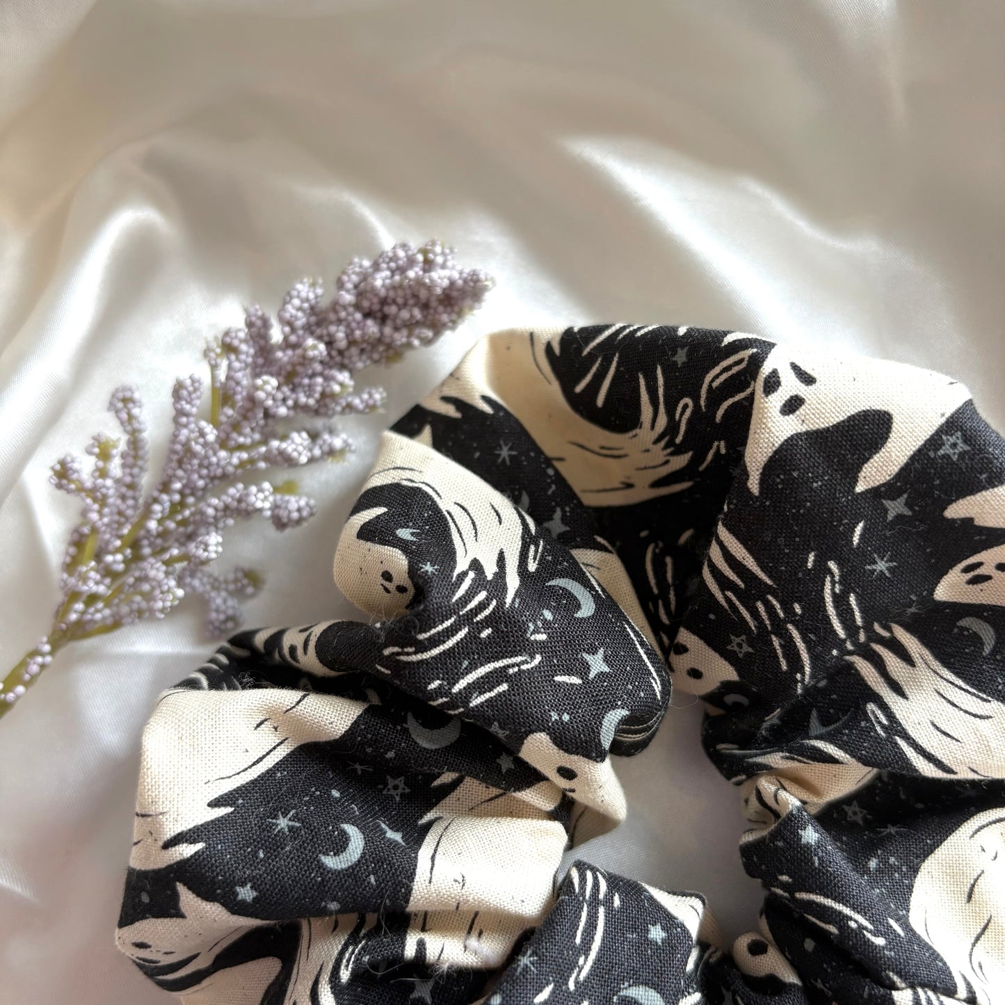 Big handmade black and cream ghost Halloween scrunchie