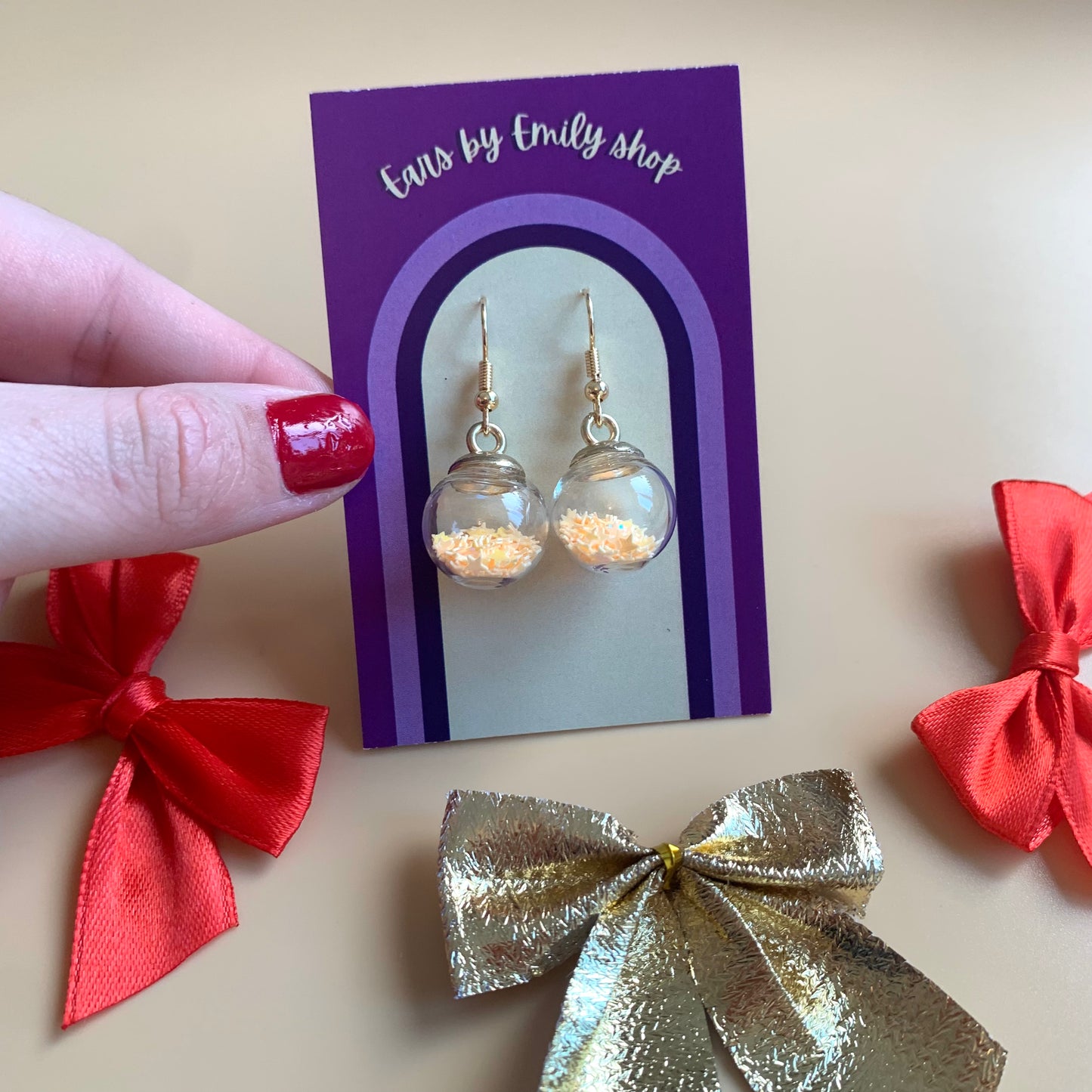 Festive yellow orange or red Christmas bauble gold earrings