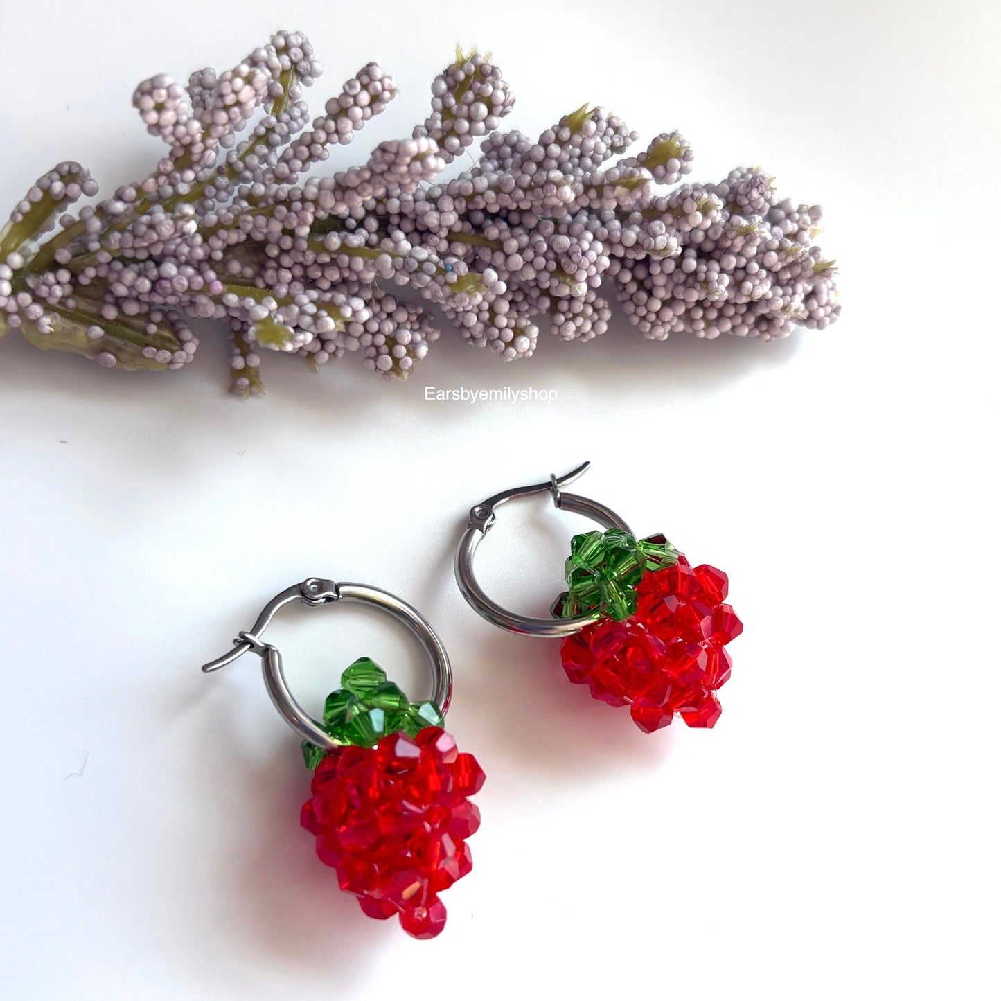 Cool beaded red and green strawberry silver stainless steel hoop earrings