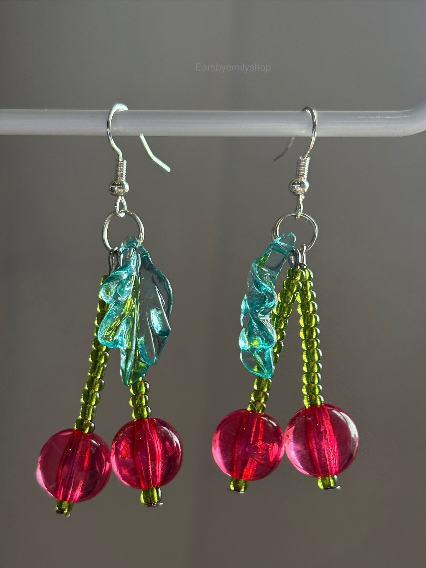 Handmade red and green beaded cherry silver dangle earrings