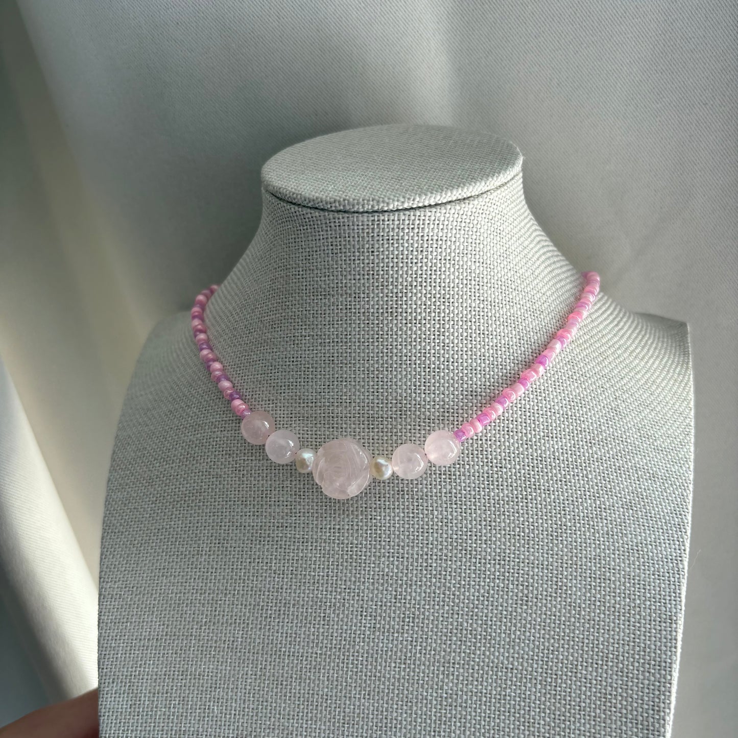 Handmade pink beaded rose quartz crystal choker necklace