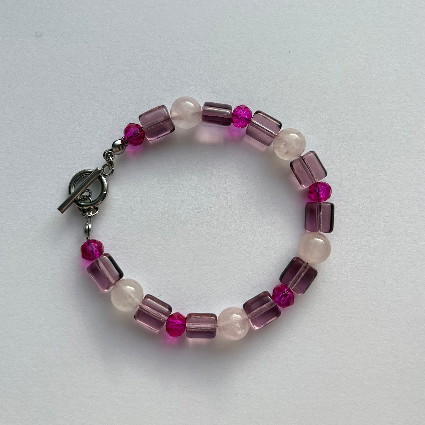 The blush bracelet - rose quartz crystals with glass charms handmade beaded