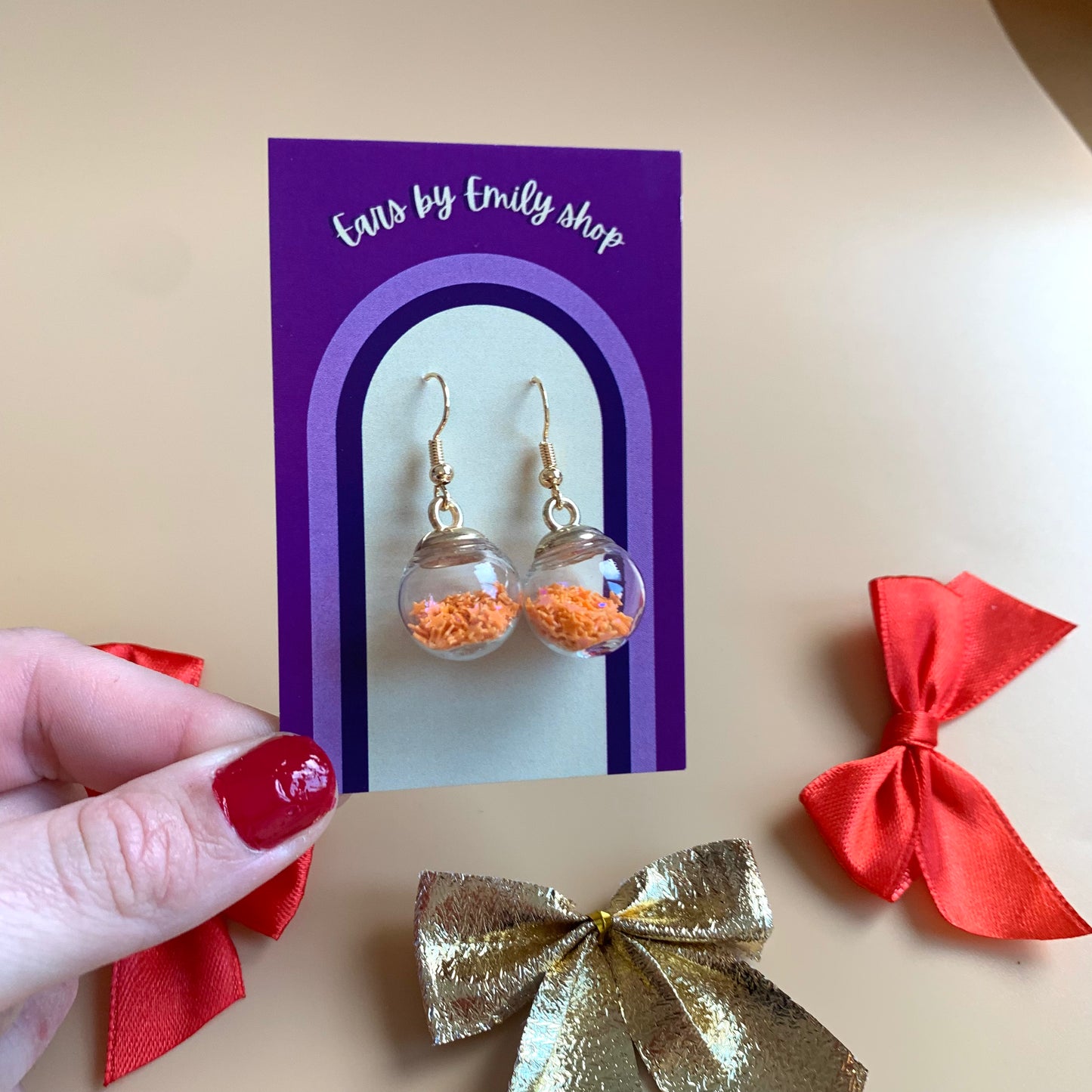 Festive yellow orange or red Christmas bauble gold earrings