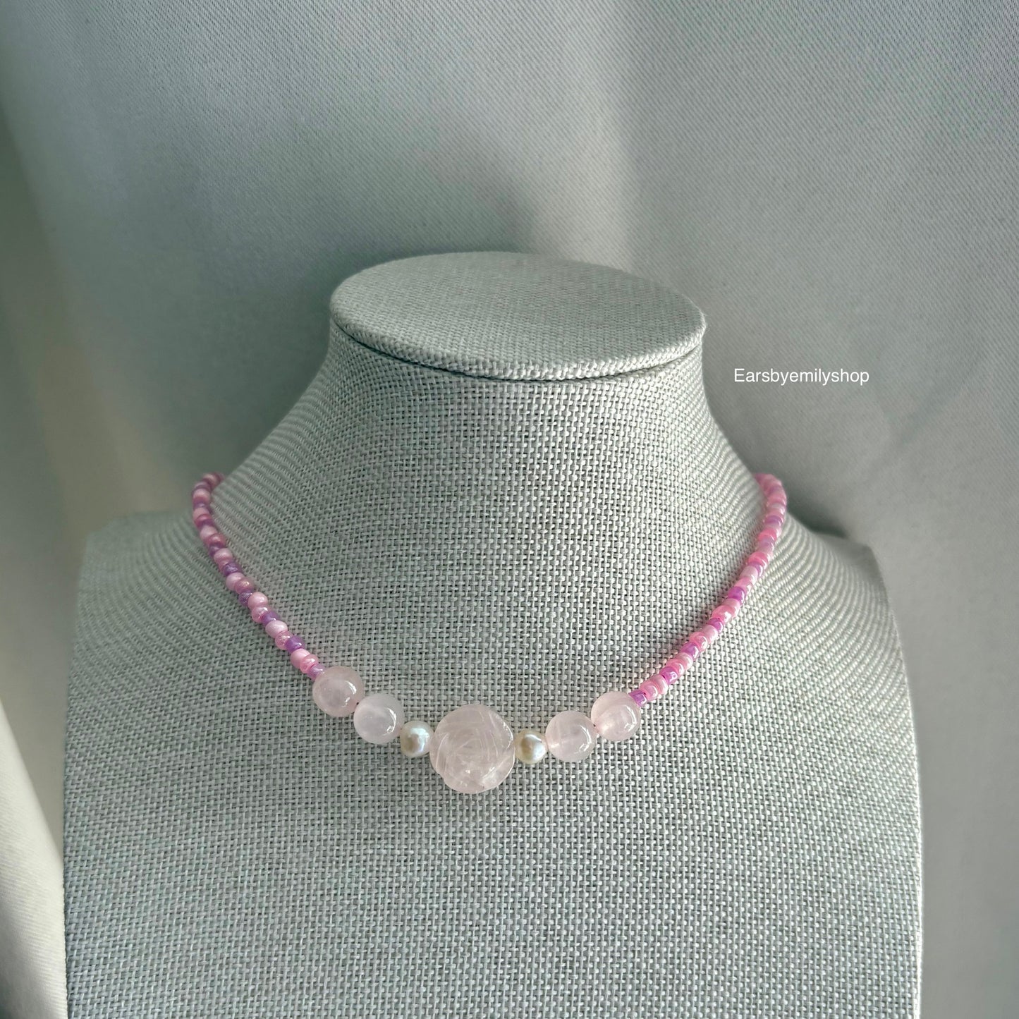 Handmade pink beaded rose quartz crystal choker necklace