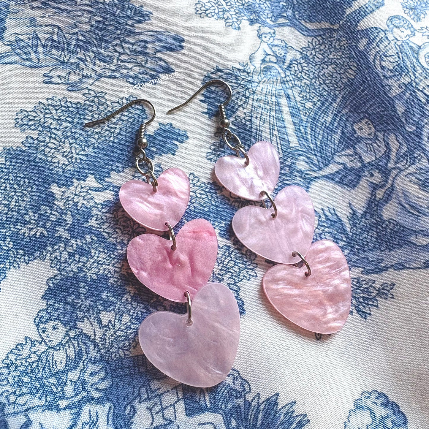 Pastel pink 3 tier heart trio silver statement earrings