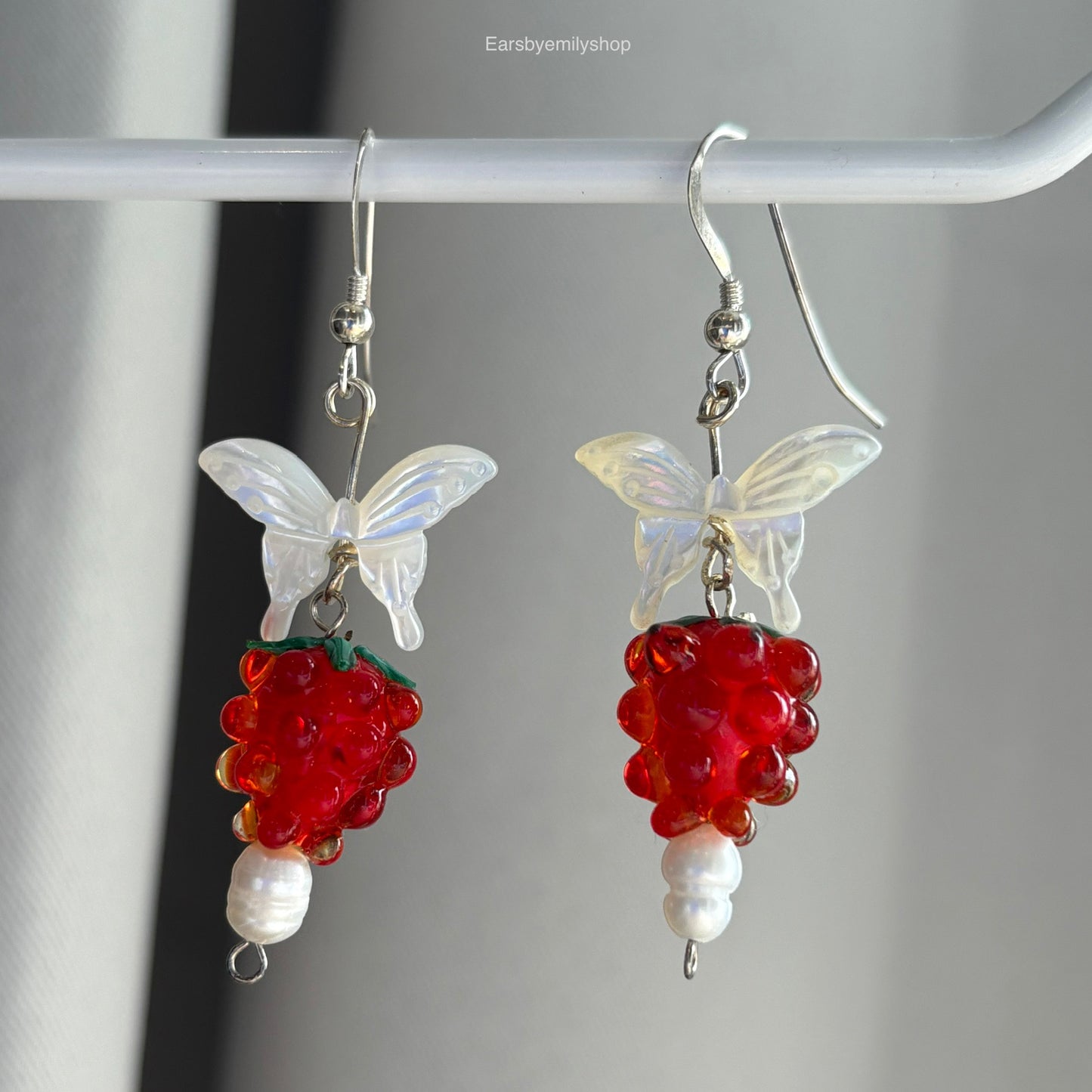 Sterling silver or gold filled mother of pearl butterfly and glass raspberry earrings
