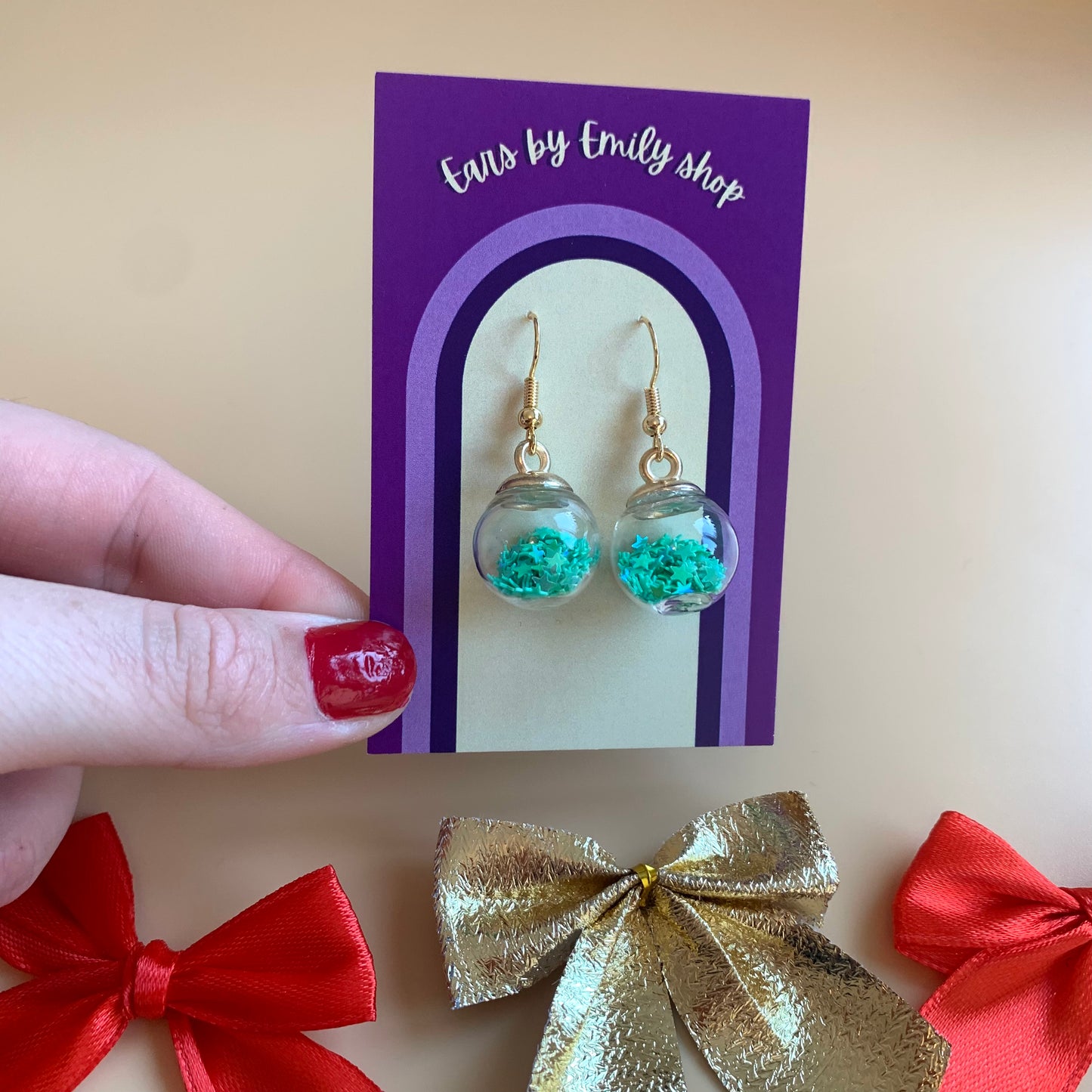 Festive green Christmas bauble gold earrings