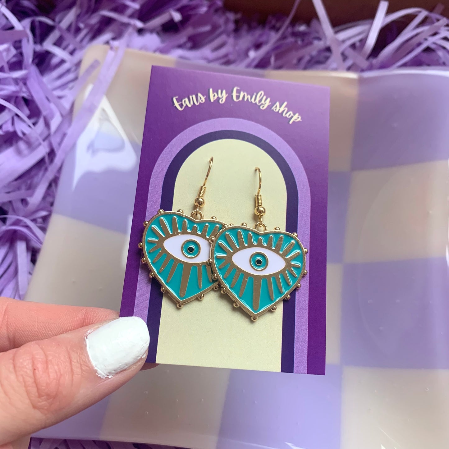 Blue evil eye heart gold dangle earrings