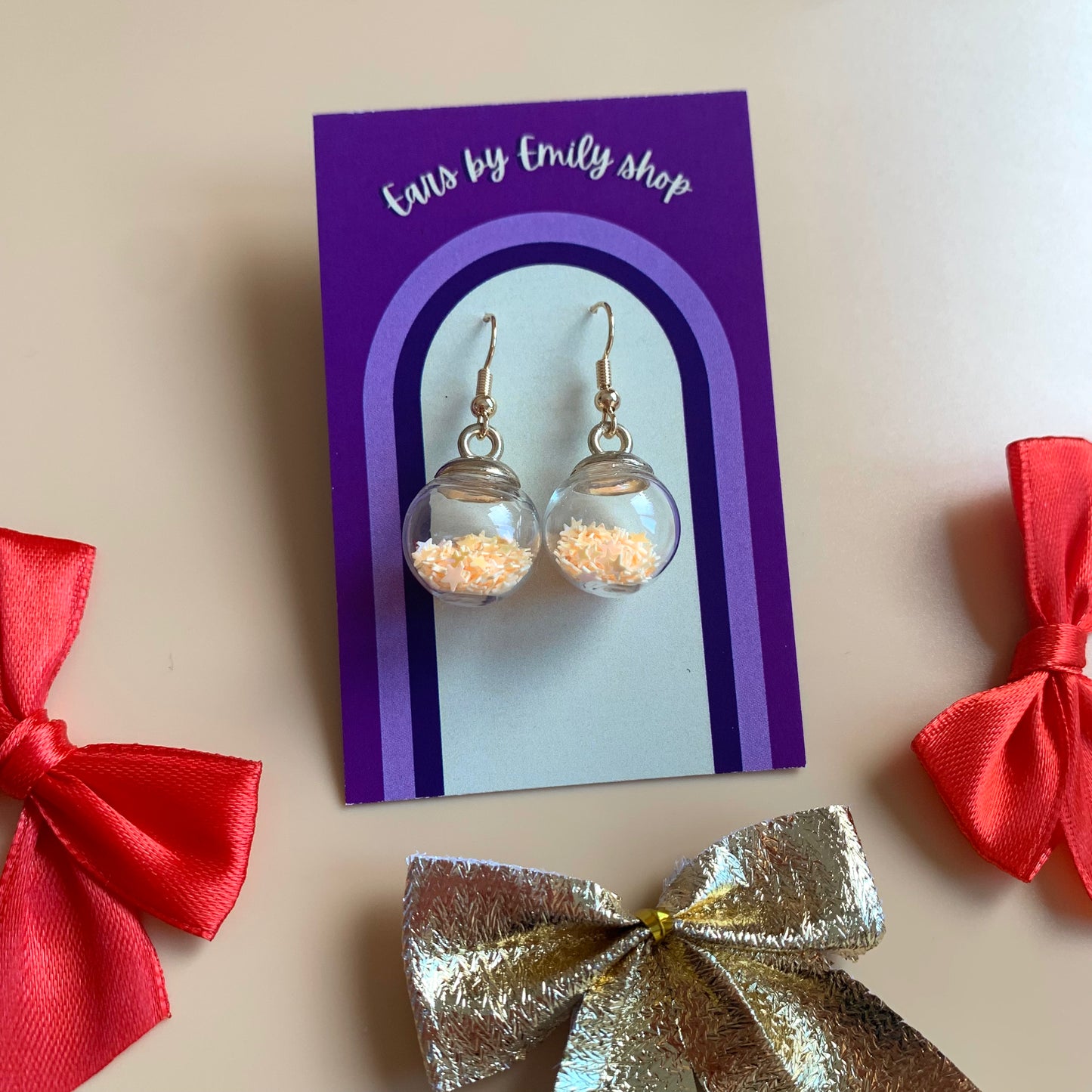 Festive yellow orange or red Christmas bauble gold earrings