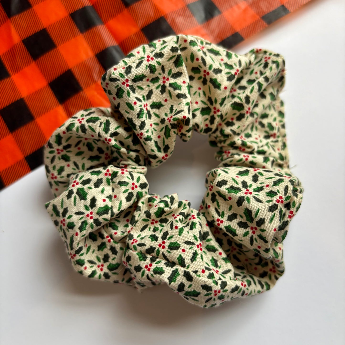 Large Christmas cream holly cotton scrunchie hair tie