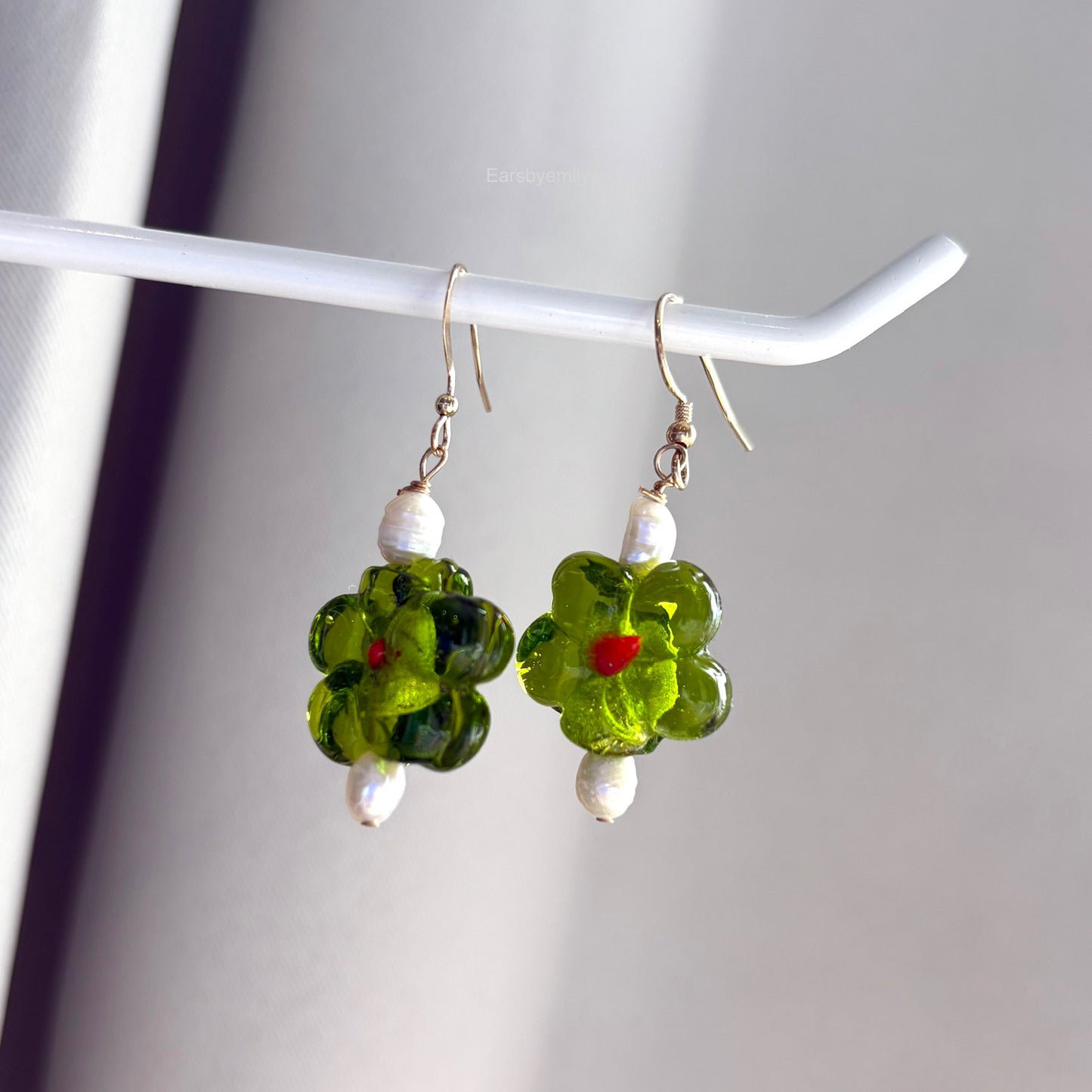 Sterling silver or gold filled green glass flower earrings with freshwater pearls