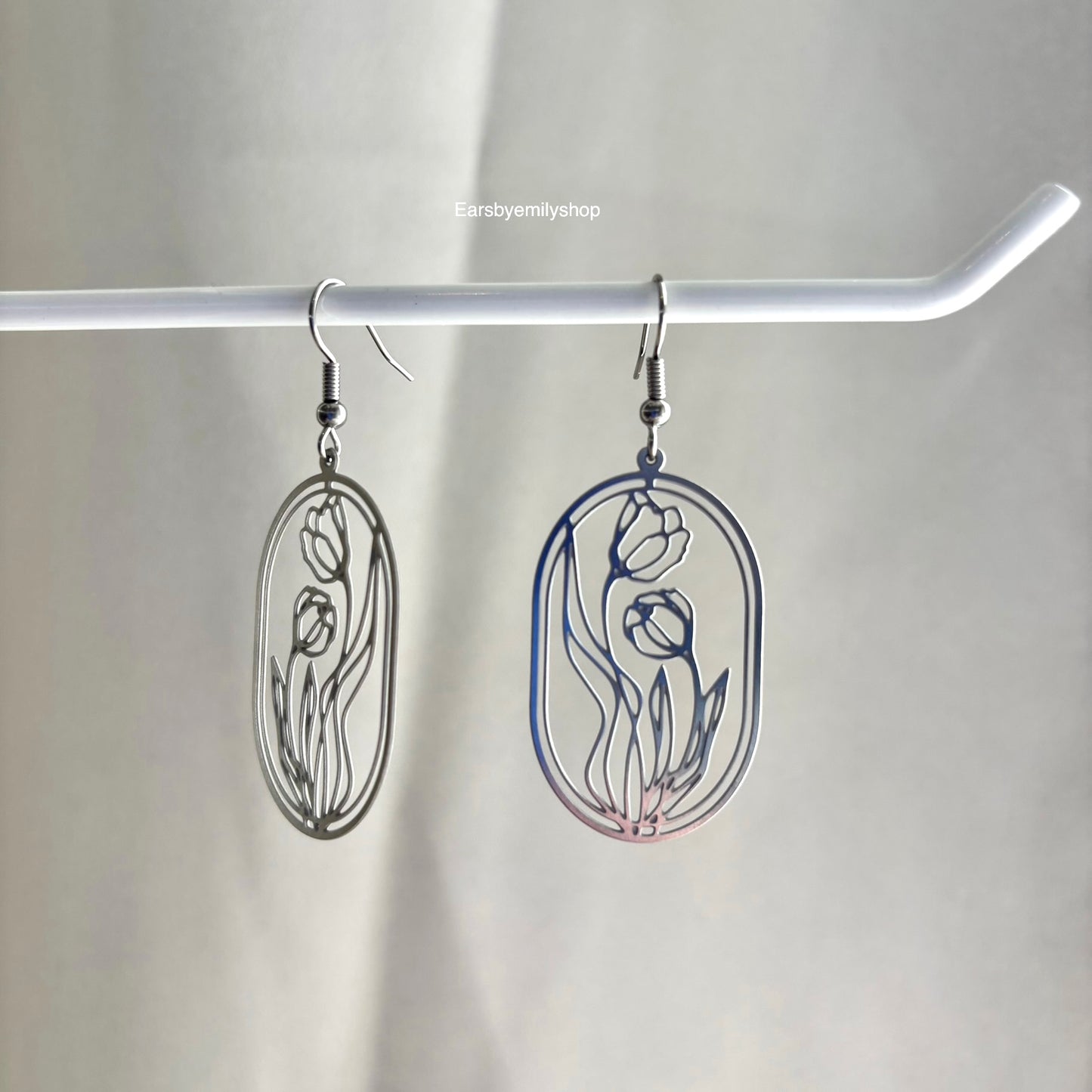 Stainless steel silver drop dangle oval tulip flower earrings