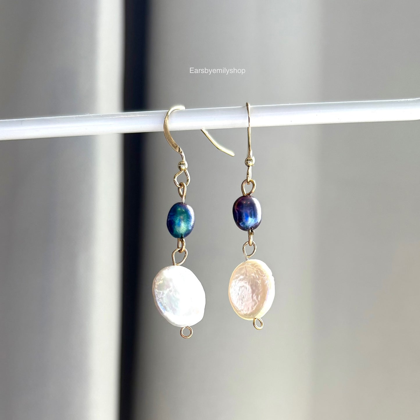Gold filled freshwater coin and blue pearl earrings