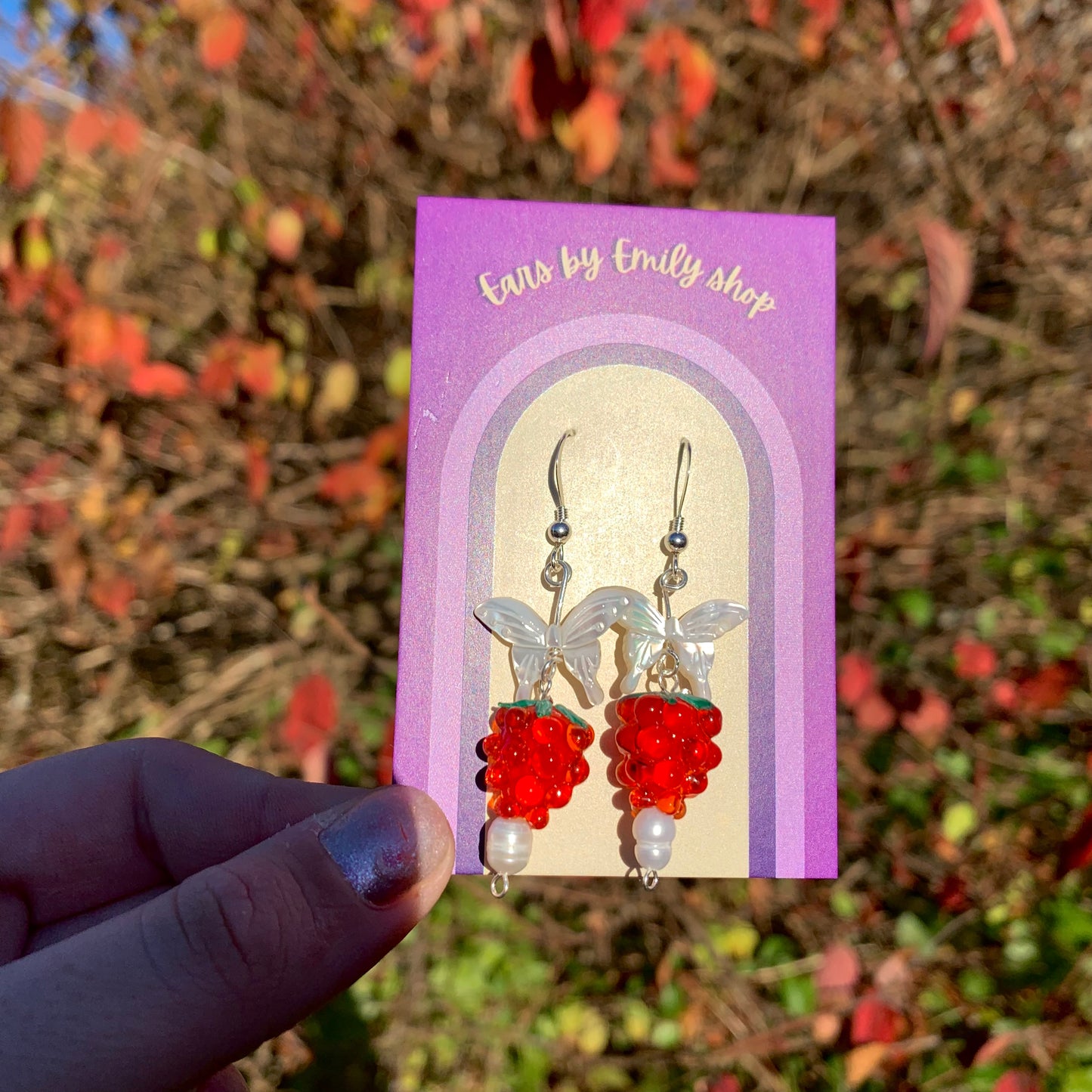 Sterling silver or gold filled mother of pearl butterfly and glass raspberry earrings