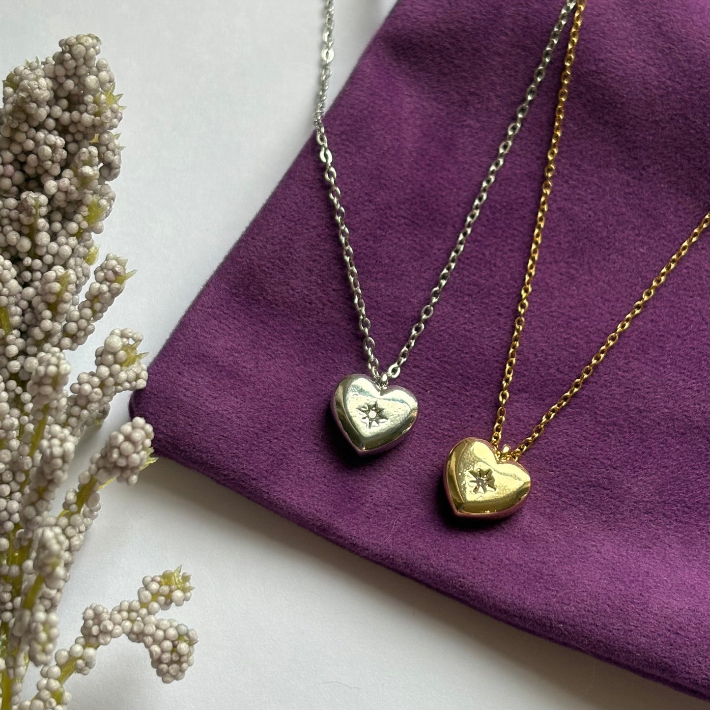 Gold or silver heart pendant with diamanté necklace