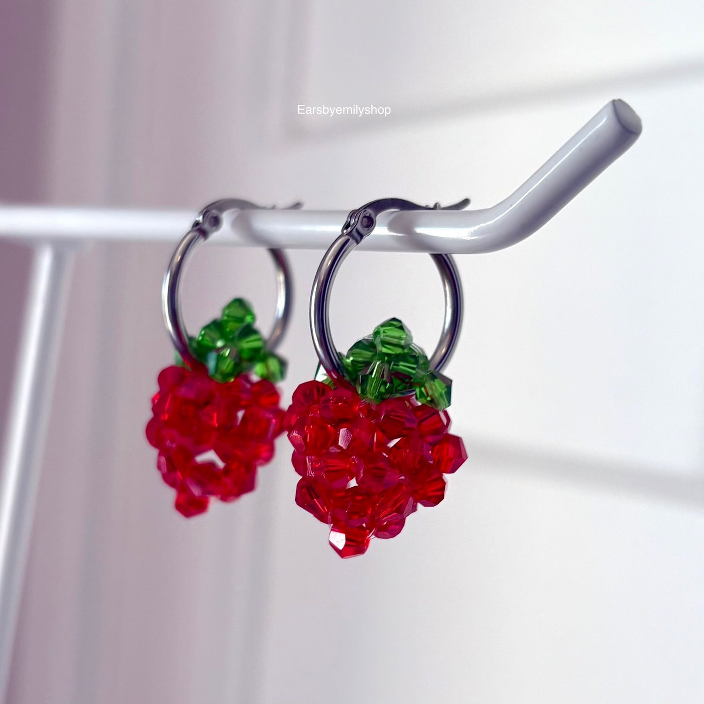 Cool beaded red and green strawberry silver stainless steel hoop earrings