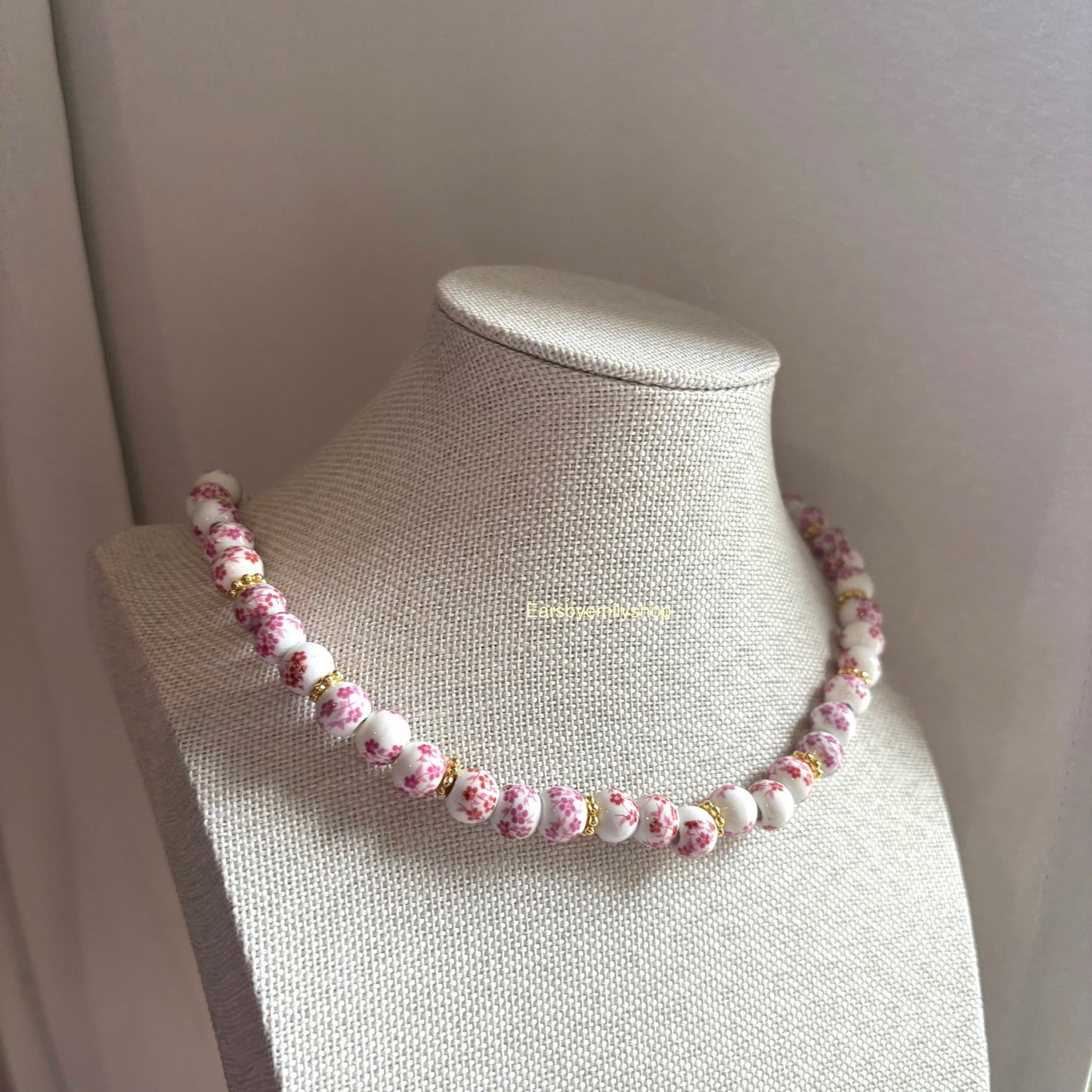 Pink and white ceramic beaded 24kt gold plated necklace