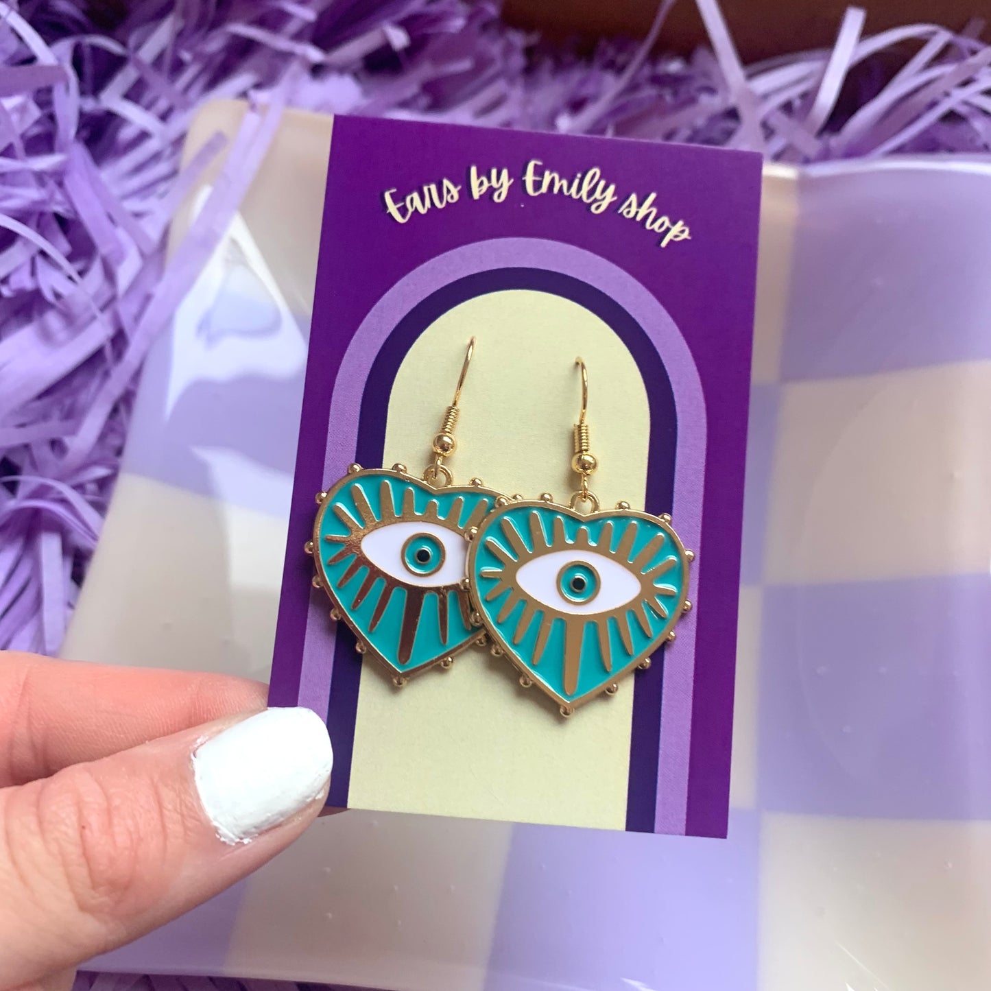Blue evil eye heart gold dangle earrings