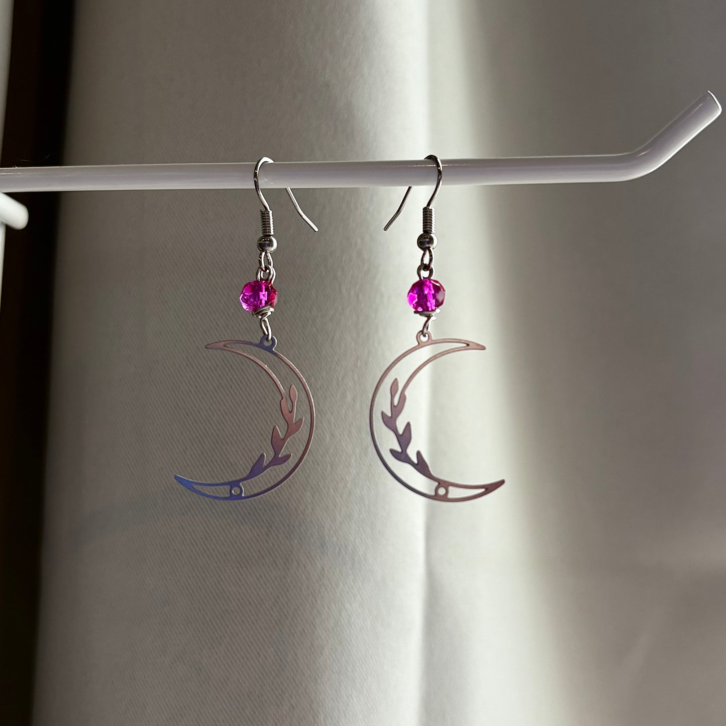 Stainless steel silver flower moon dangle earrings with pink bead