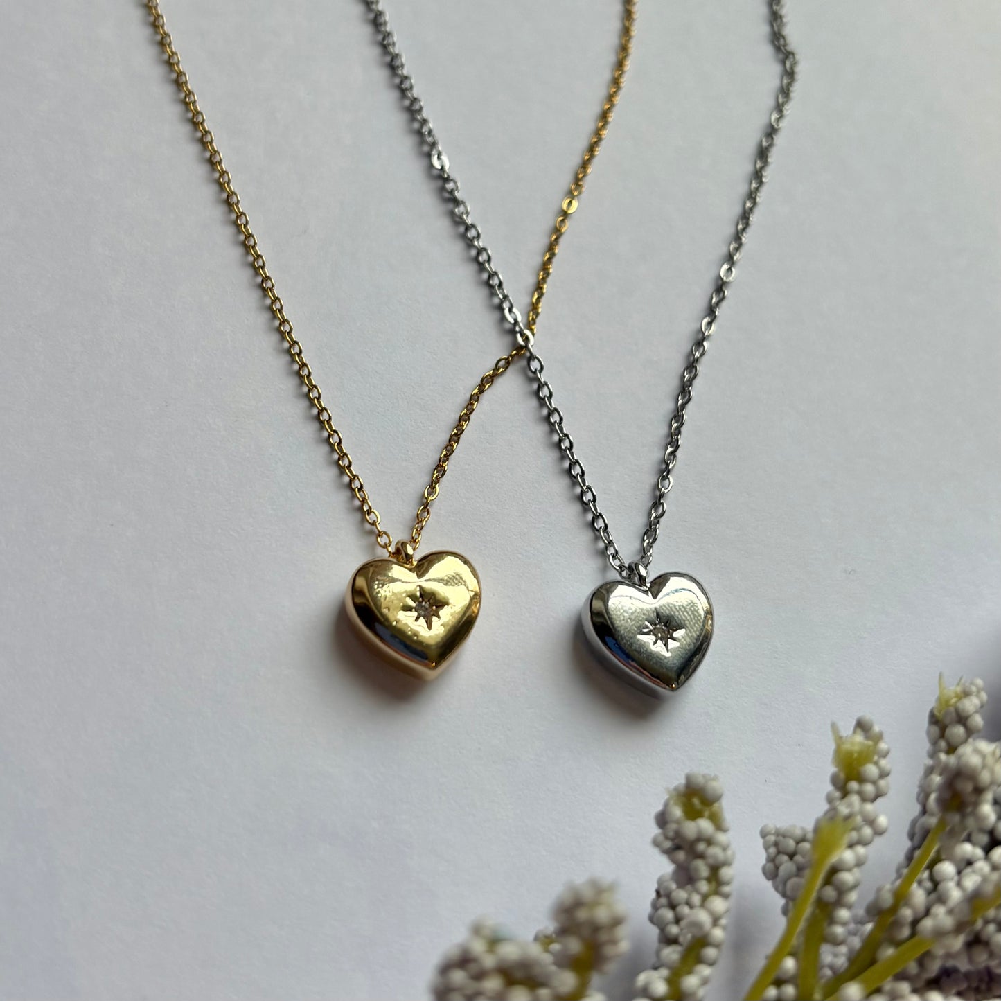 Gold or silver heart pendant with diamanté necklace