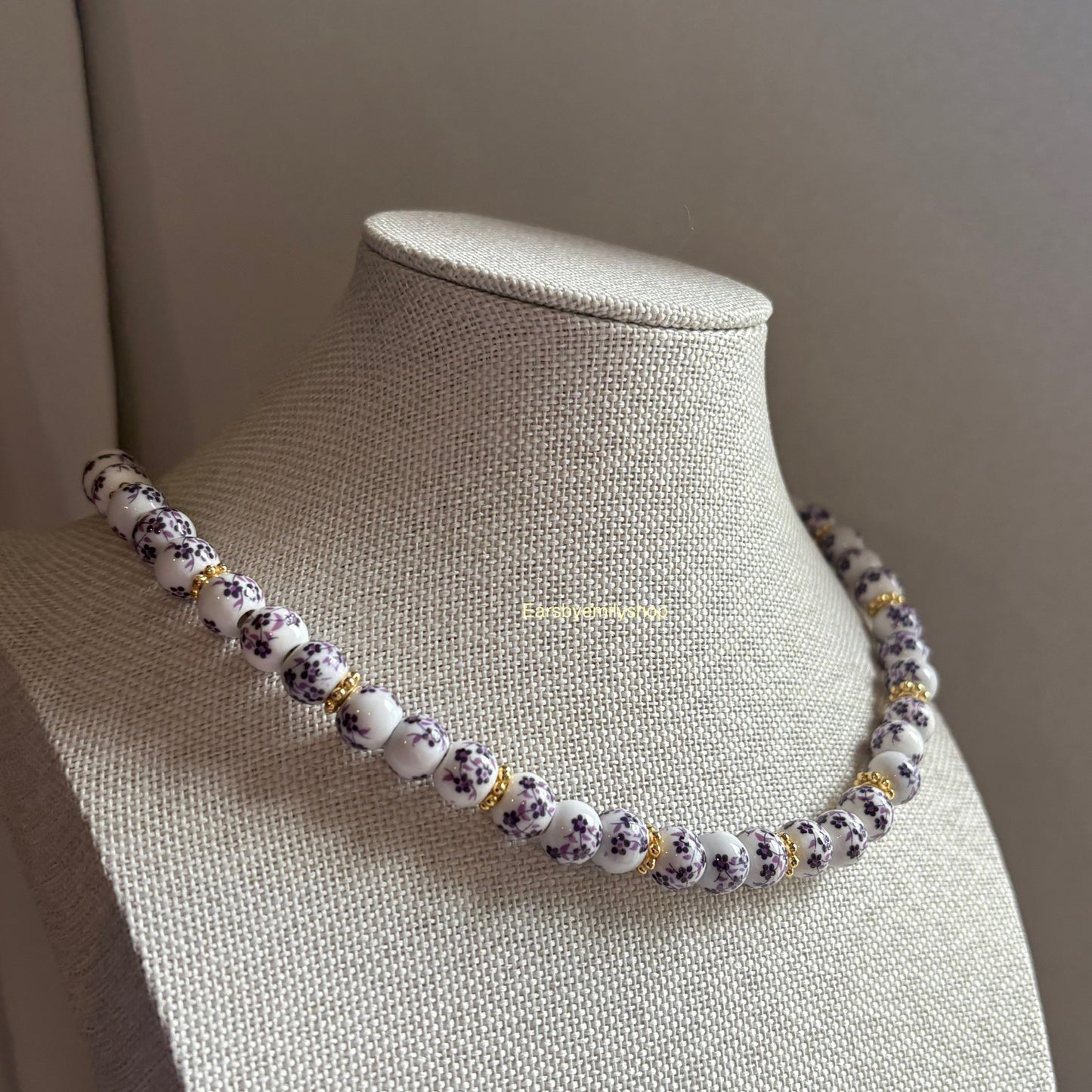 Purple and white ceramic beaded 24kt gold plated necklace