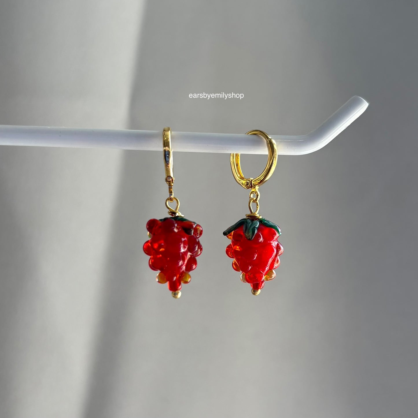 18k gold plated huggie hoop earrings with dangle glass work red and green raspberries