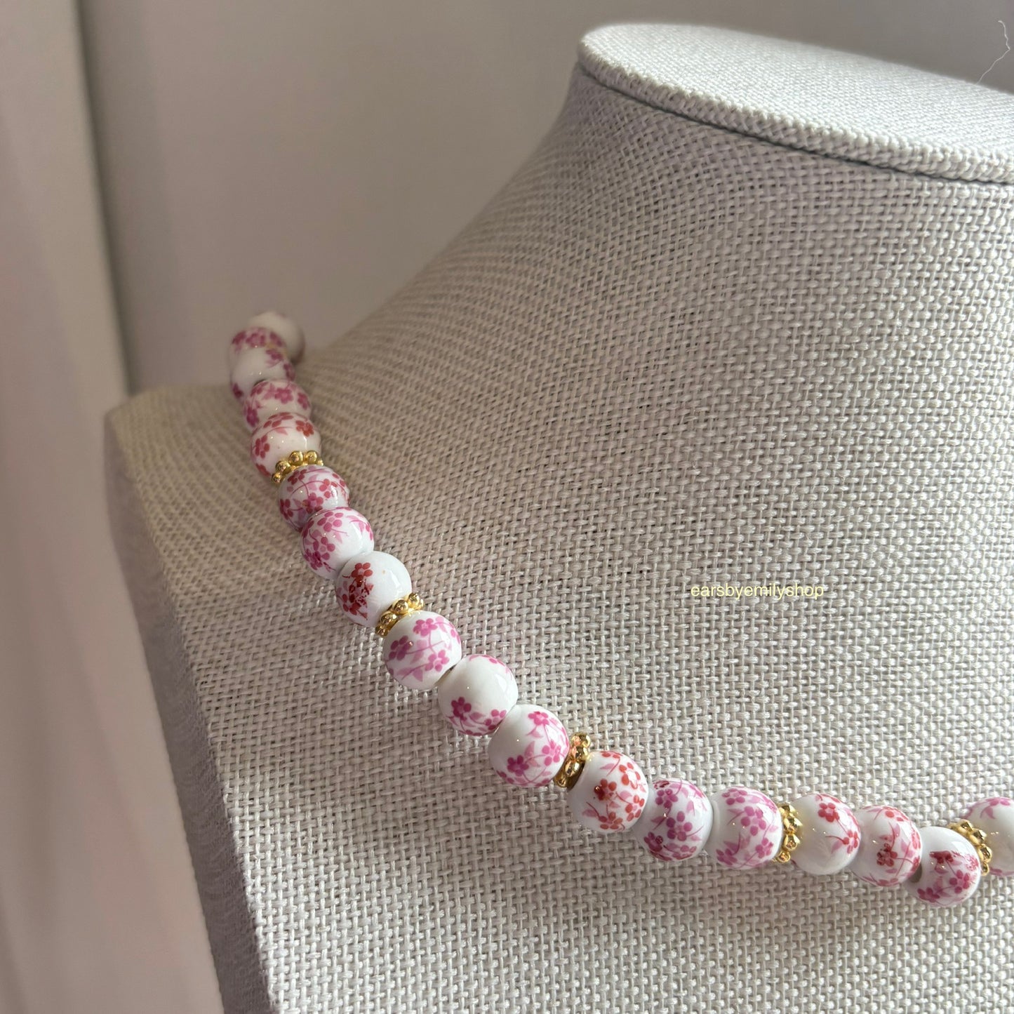 Pink and white ceramic beaded 24kt gold plated necklace