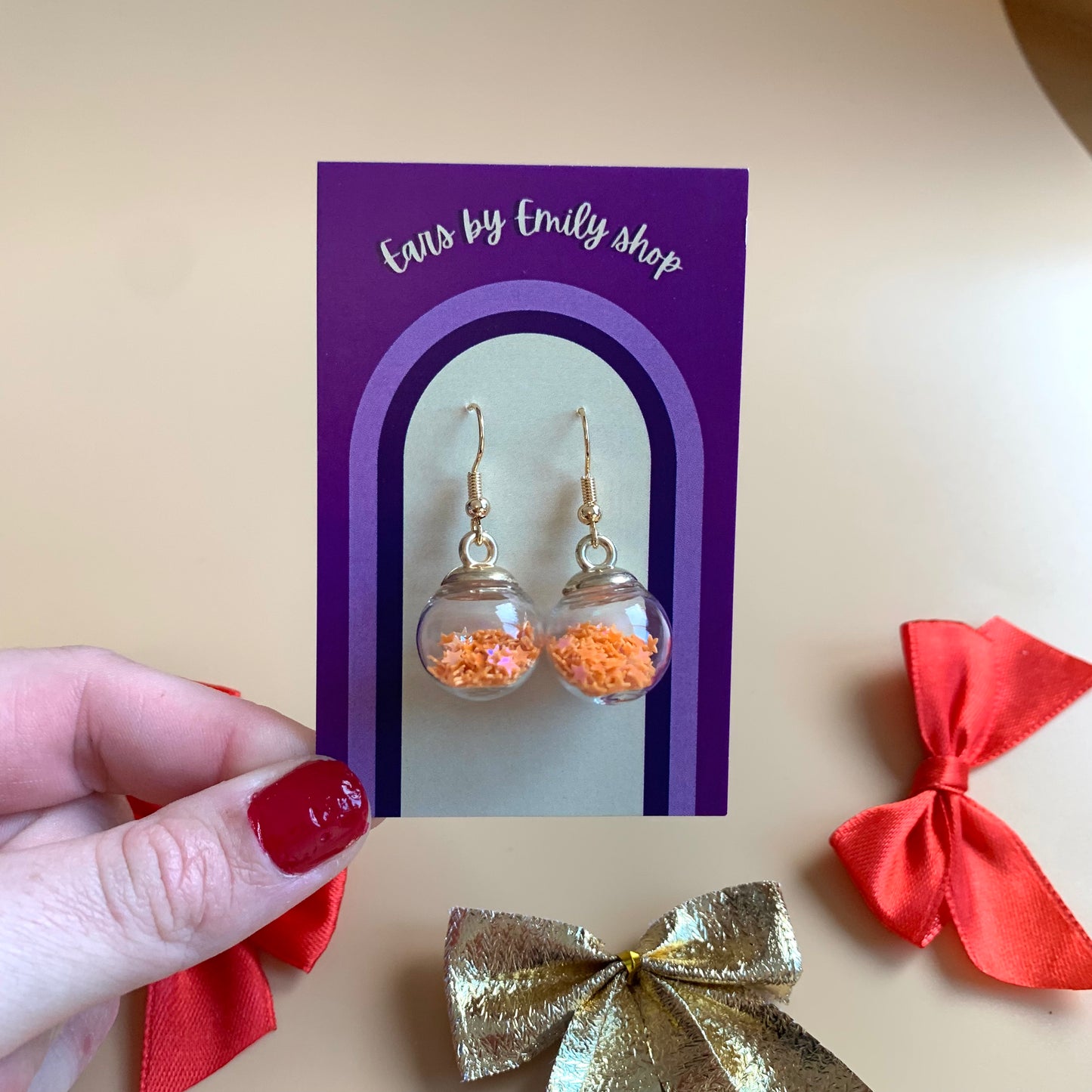 Festive yellow orange or red Christmas bauble gold earrings