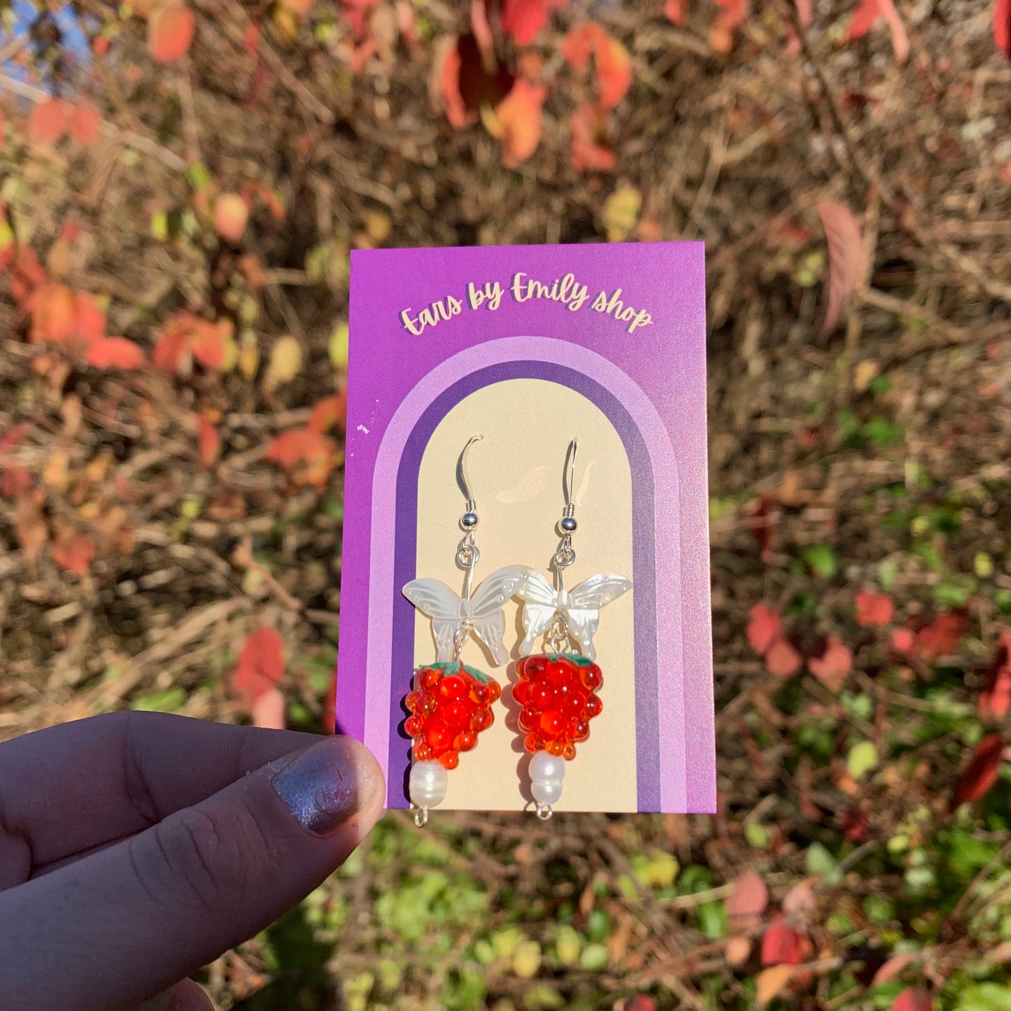 Sterling silver or gold filled mother of pearl butterfly and glass raspberry earrings
