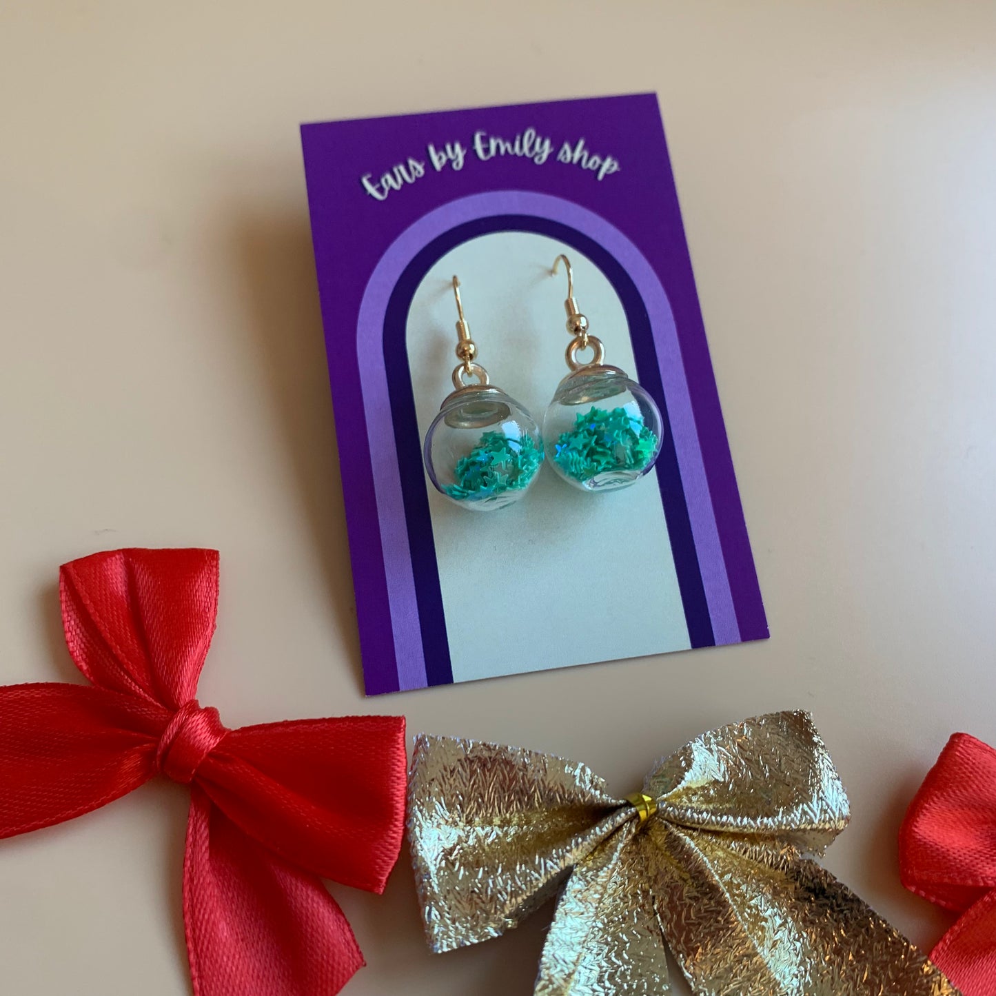 Festive green Christmas bauble gold earrings