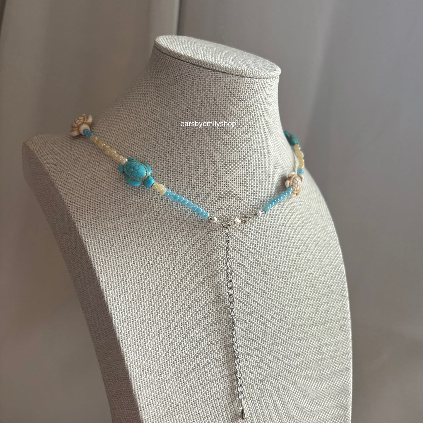 Cool quirky handmade blue and cream beaded beach ocean turtle necklace