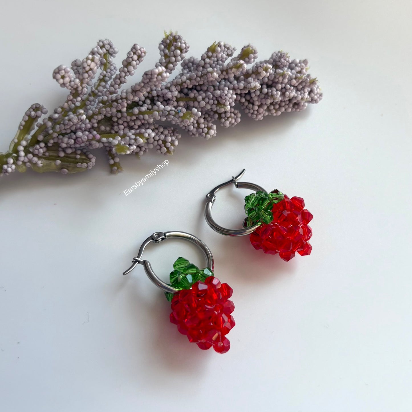 Cool beaded red and green strawberry silver stainless steel hoop earrings