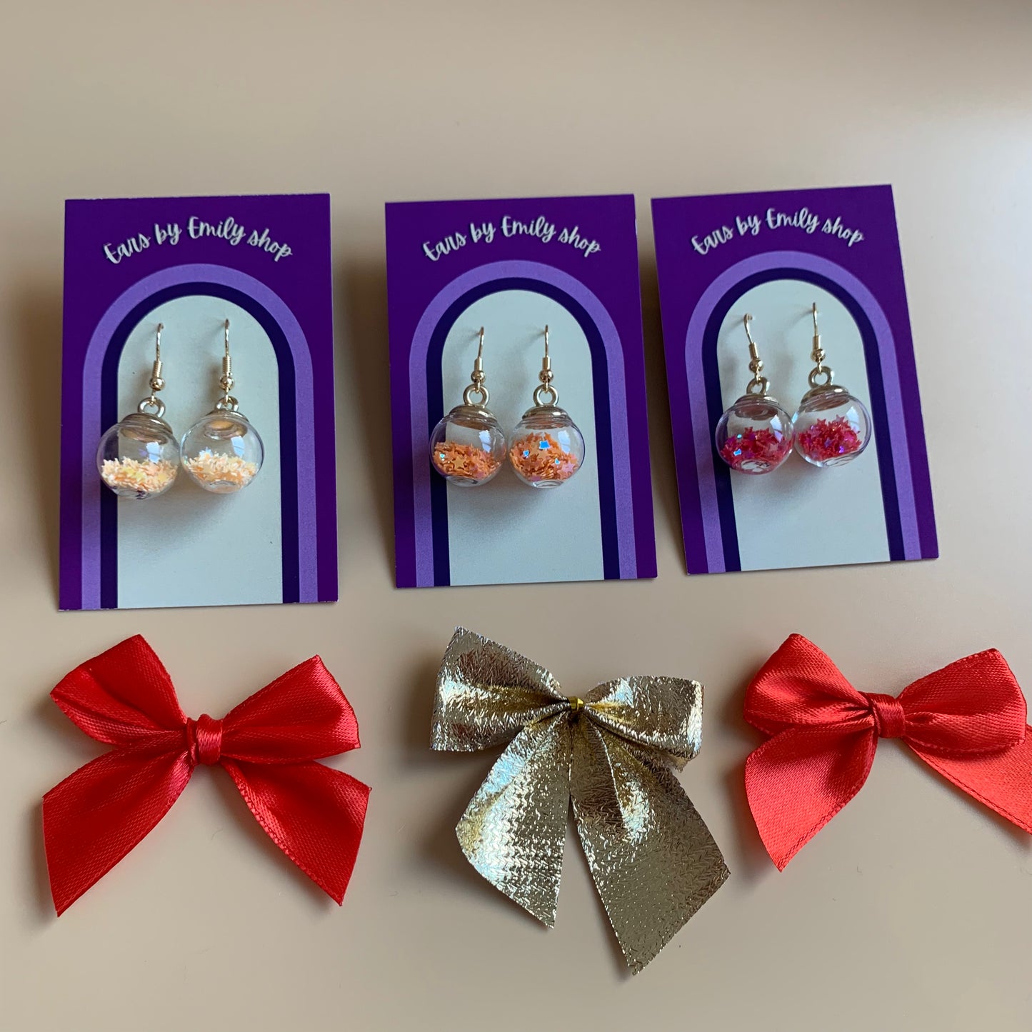 Festive yellow orange or red Christmas bauble gold earrings