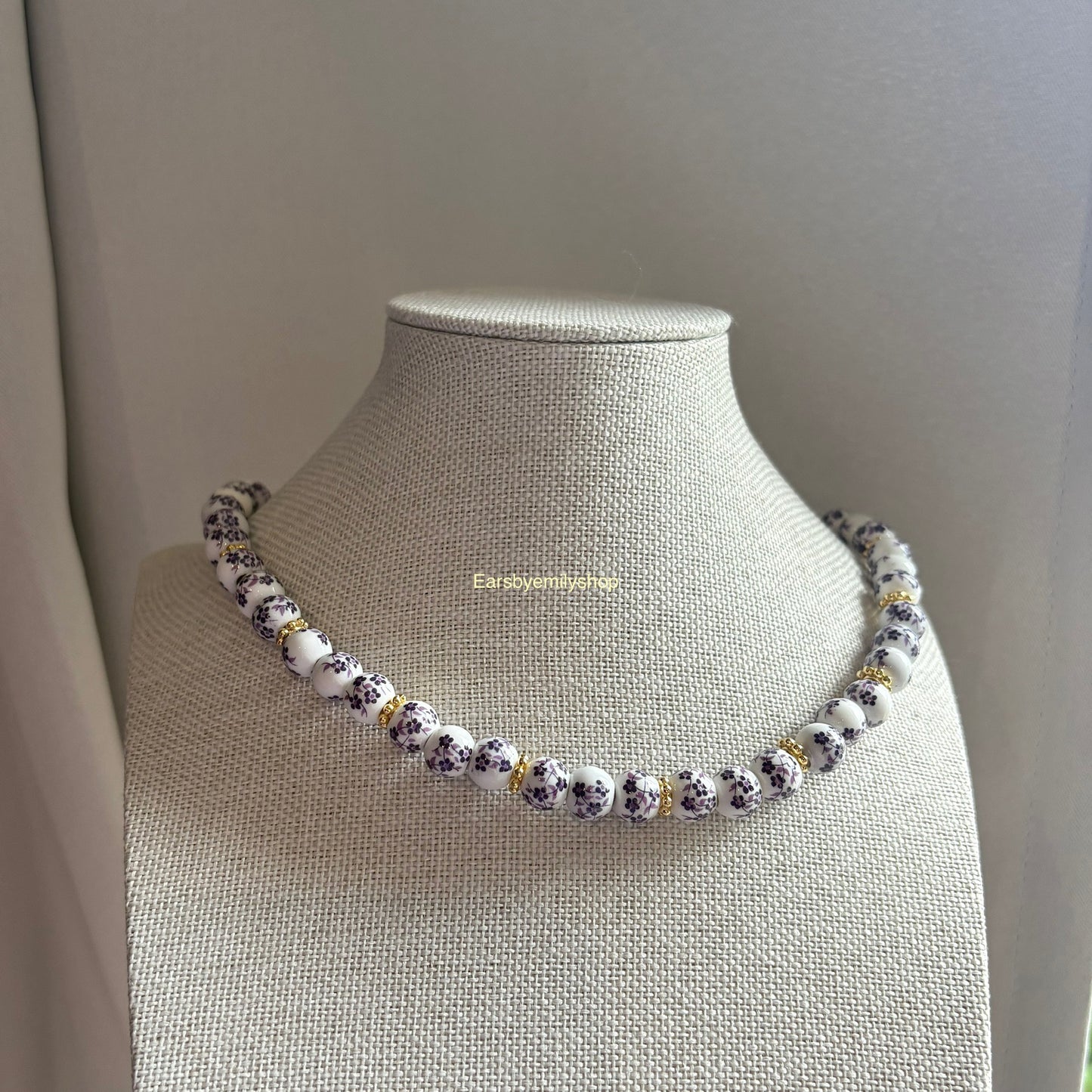 Purple and white ceramic beaded 24kt gold plated necklace