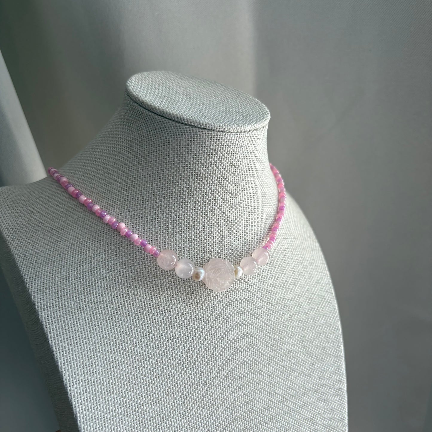Handmade pink beaded rose quartz crystal choker necklace