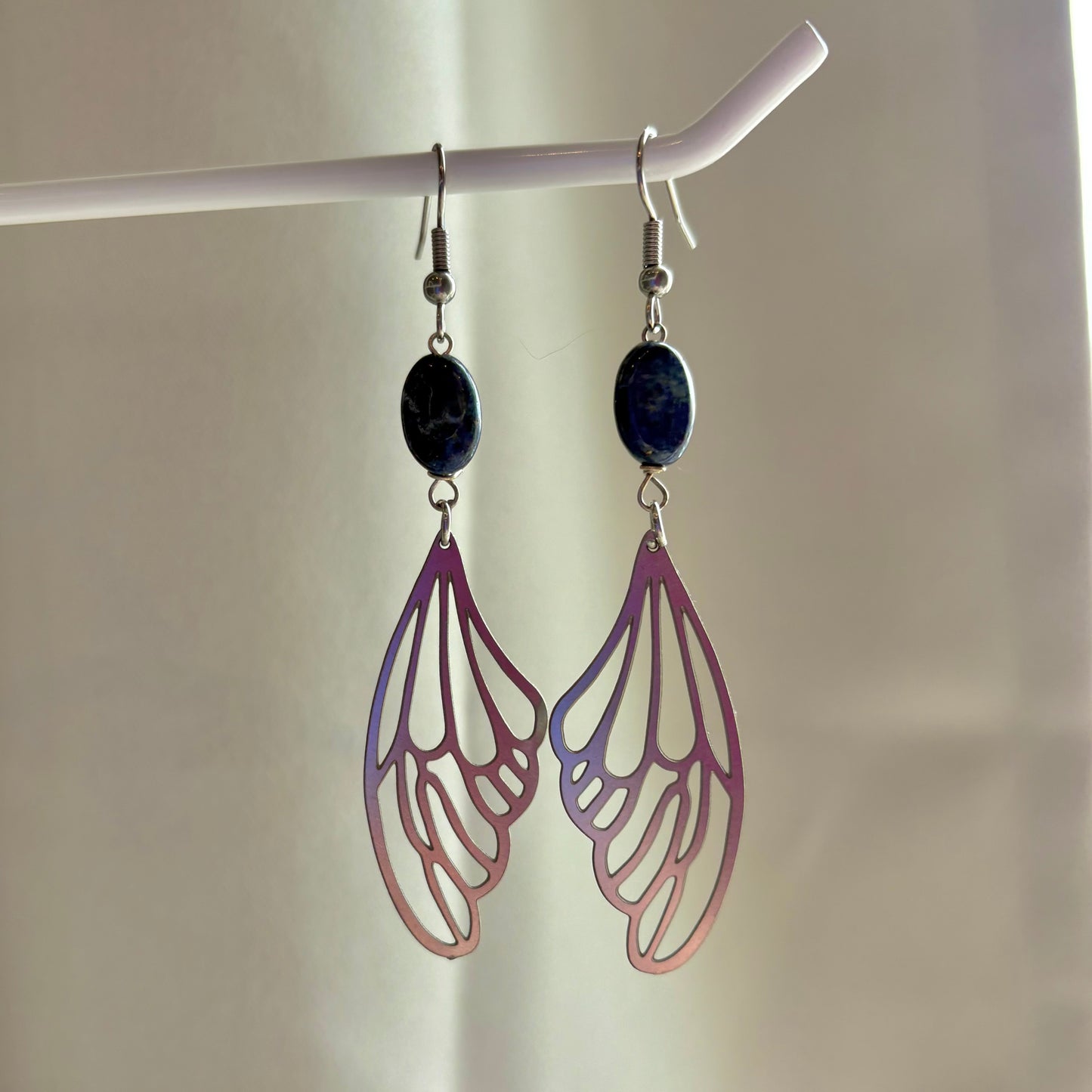 Stainless steel fairy butterfly wing dangle earrings with blue lapis lazuli oval crystals