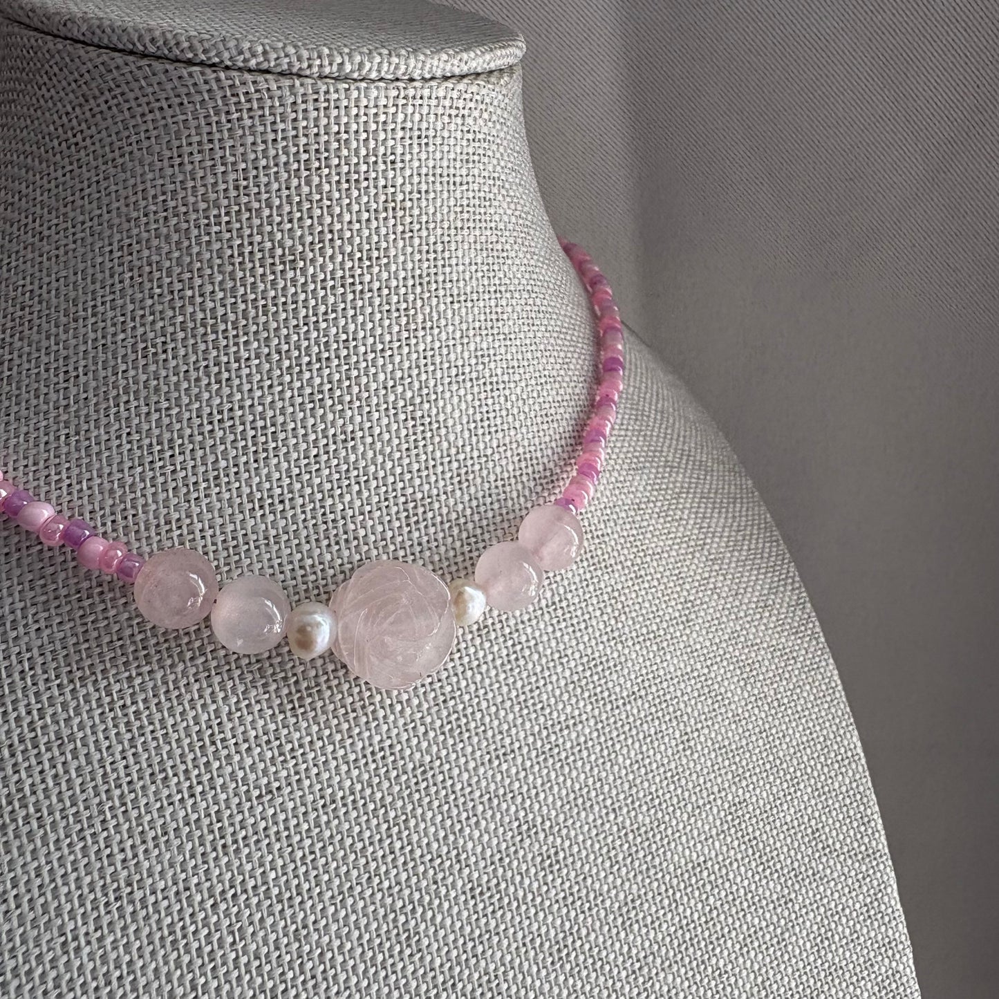 Handmade pink beaded rose quartz crystal choker necklace