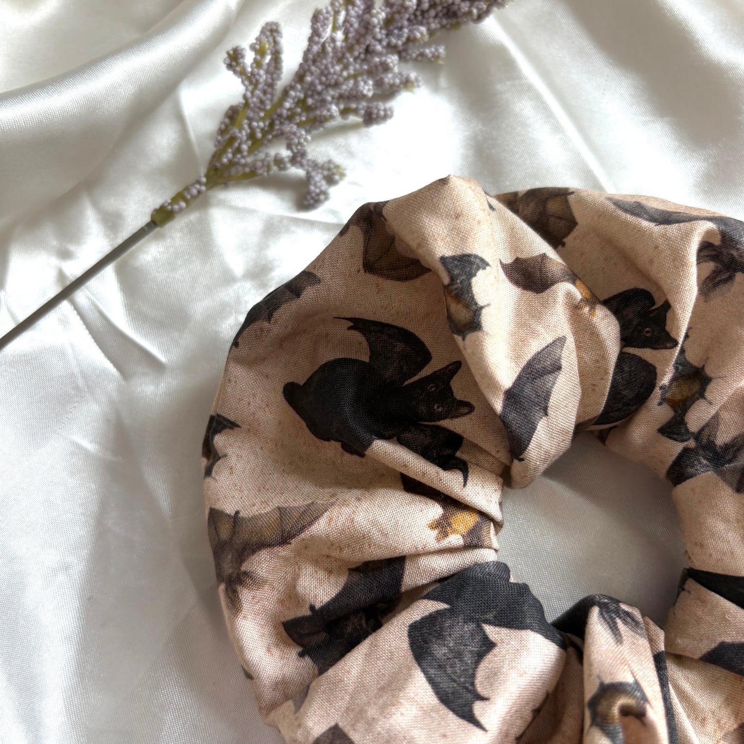 Big handmade cream bat and bat cat Halloween scrunchie