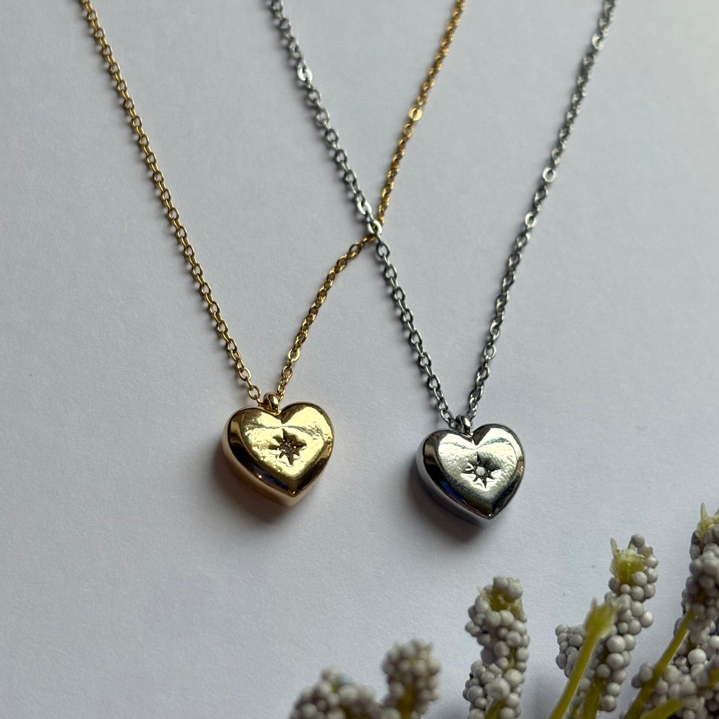 Gold or silver heart pendant with diamanté necklace