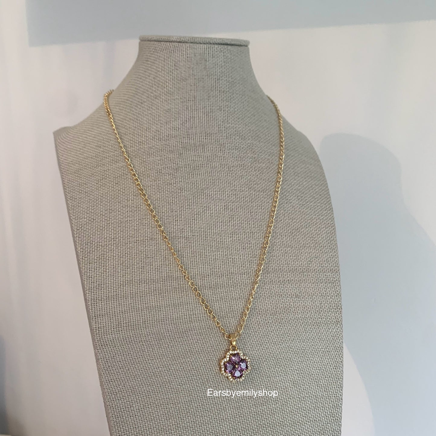 Gold plated purple crystal four leaf clover crystal necklace