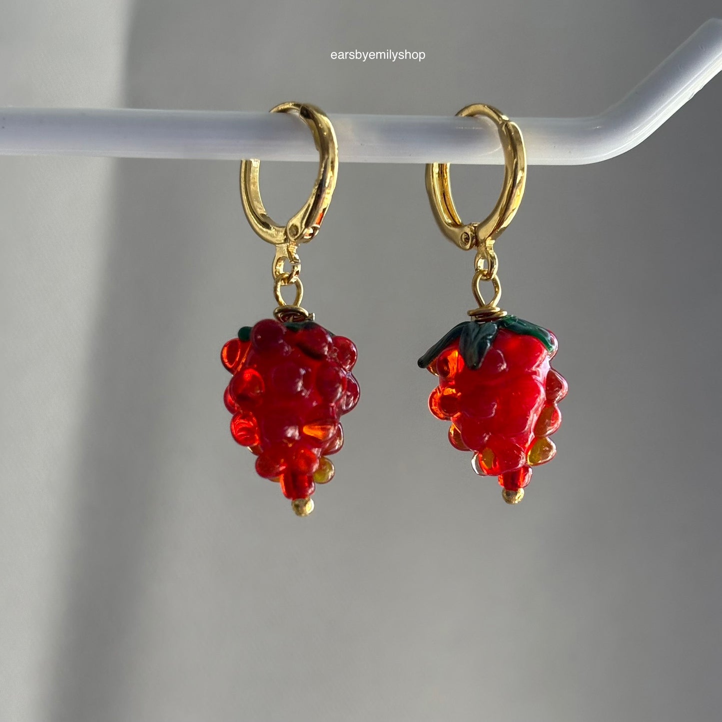 18k gold plated huggie hoop earrings with dangle glass work red and green raspberries