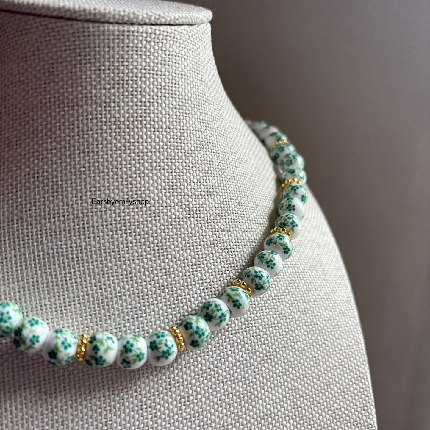 Green and white ceramic beaded 24kt gold plated necklace