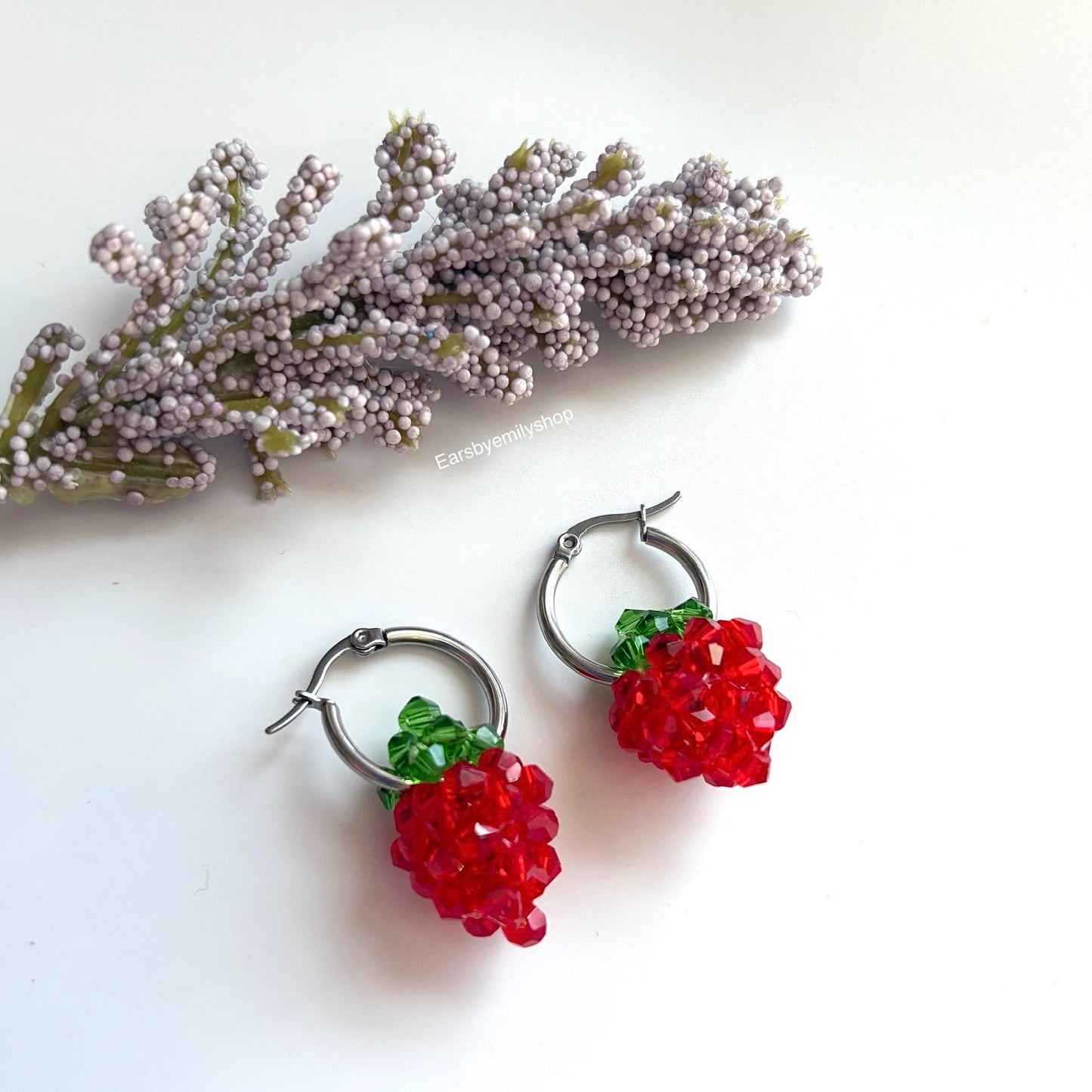 Cool beaded red and green strawberry silver stainless steel hoop earrings