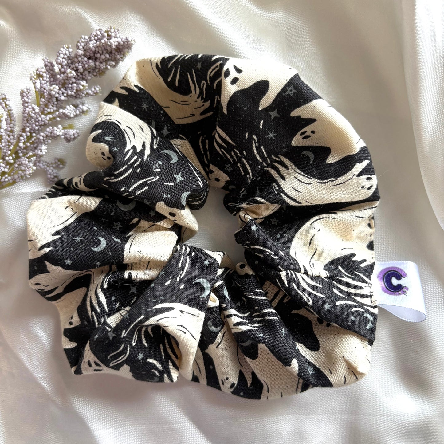 Big handmade black and cream ghost Halloween scrunchie