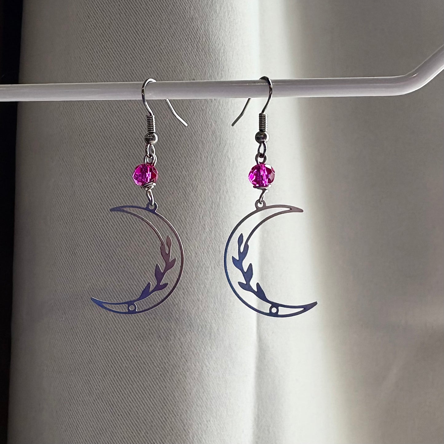Stainless steel silver flower moon dangle earrings with pink bead