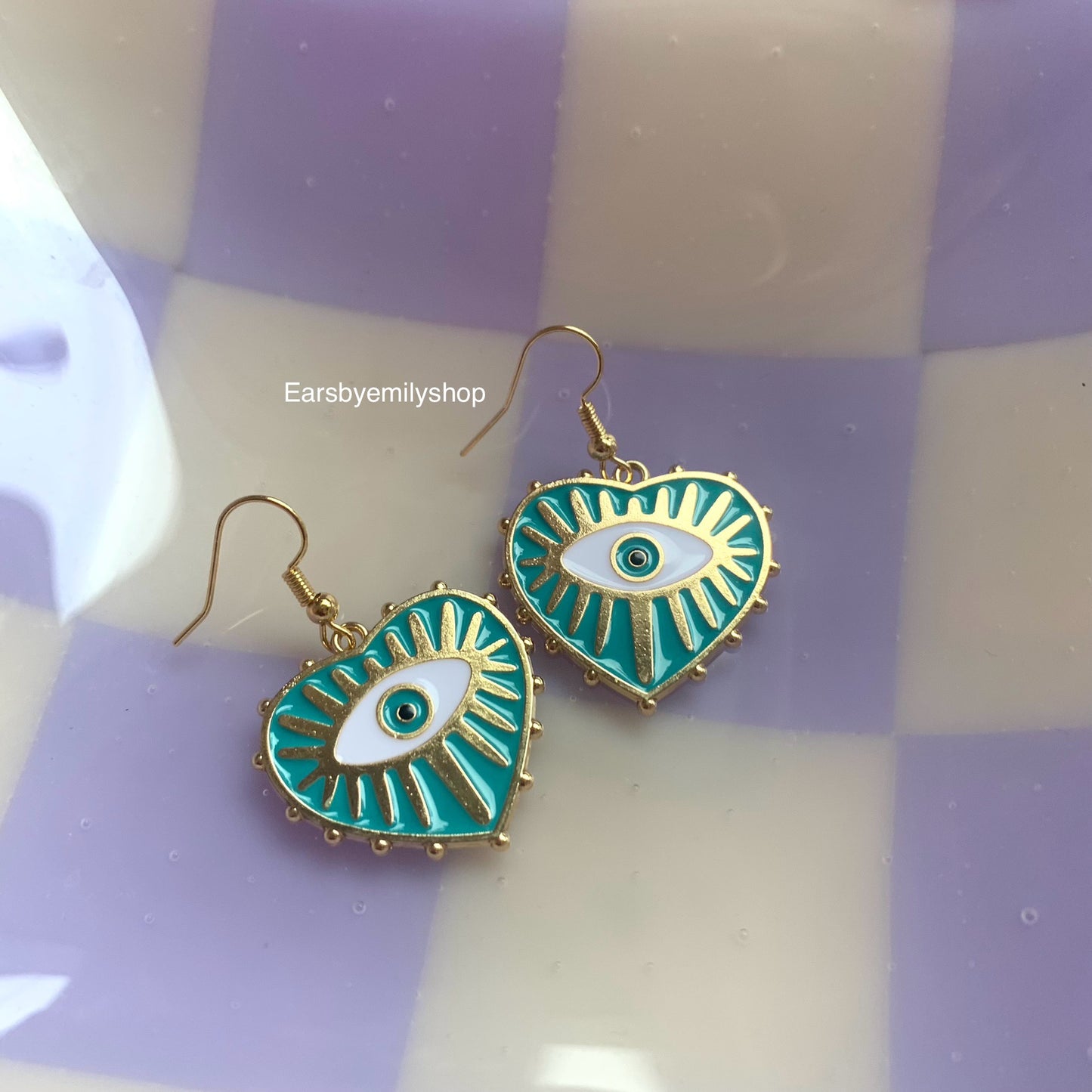 Blue evil eye heart gold dangle earrings