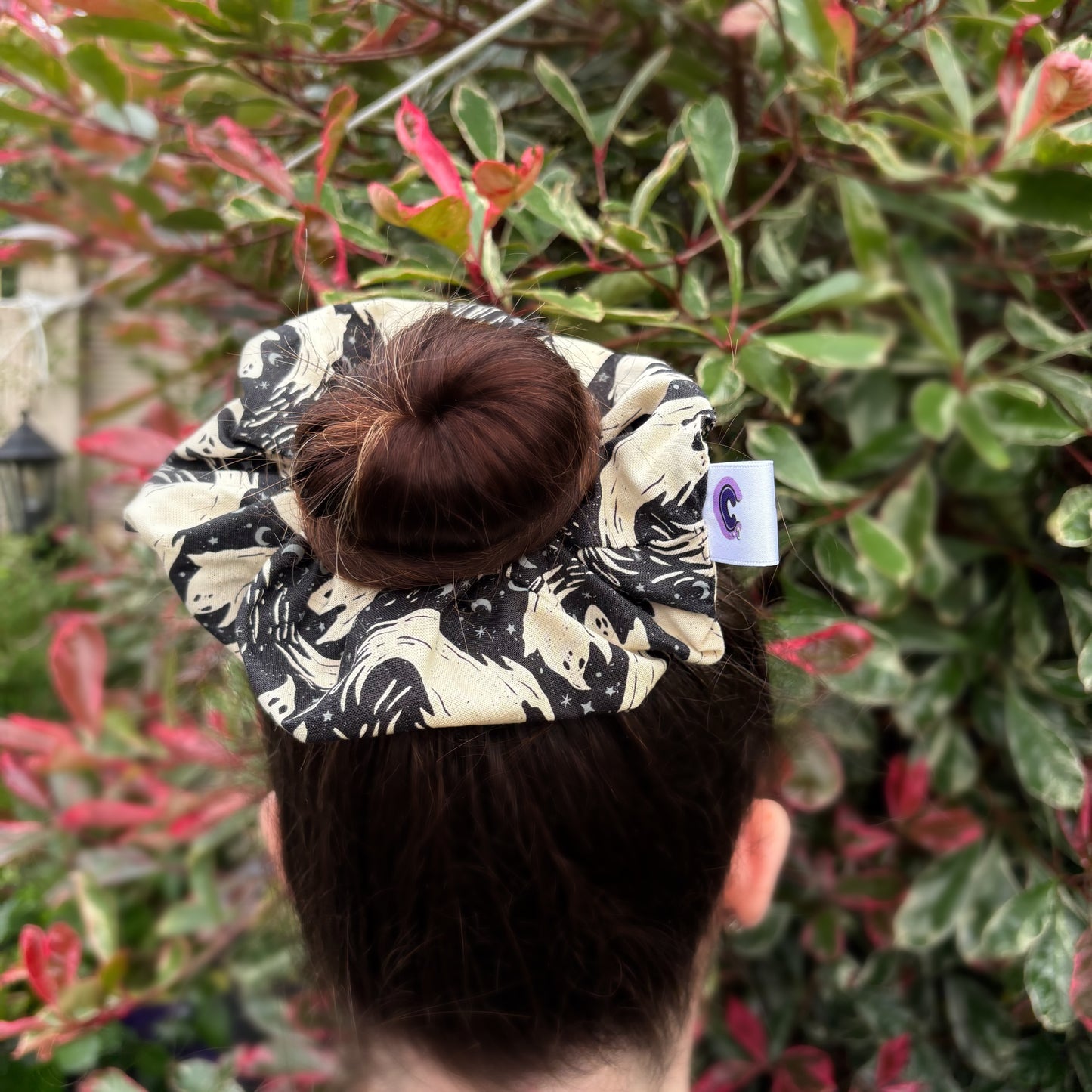 Big handmade black and cream ghost Halloween scrunchie