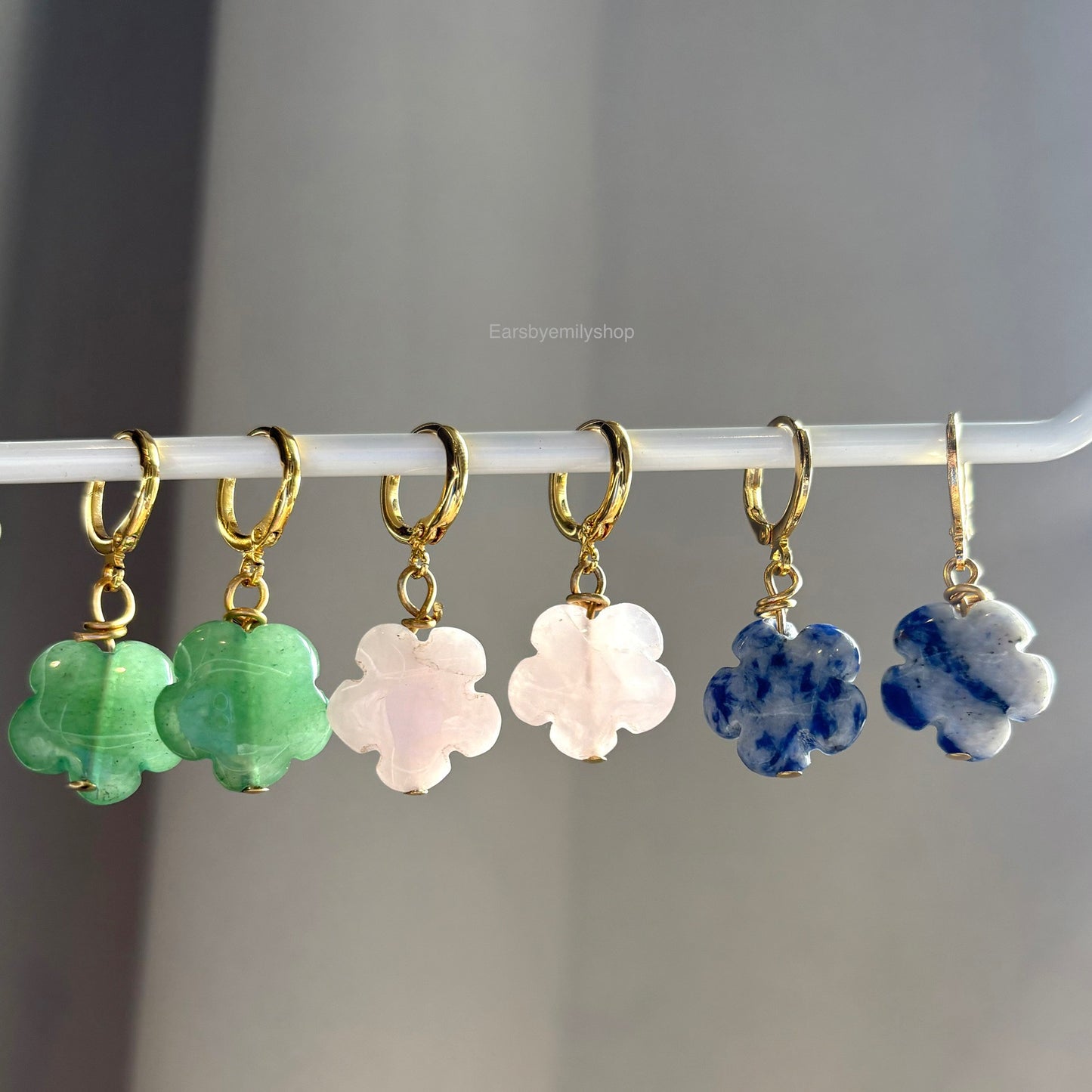 Gold plated semi precious flower crystal huggie hoop drop dangle earrings - rose quartz, carnelian, green aventurine, agate